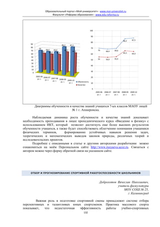 Образовательный портал «Мой университет» - www.moi-universitet.ru
                            Факультет «Реформа образования» - www.edu-reforma.ru




                                                                          100

                                                                          90

                                                                                                             86,2     87,5
                                                                          80
     90                                   86,2     87,5
     80                                                                   70
             70
     70                68,4     69,6        65,5                                  70                69,6
                  55                                 64,3                                  68,4
                           54,4    55,4                                                                      65,5
     60                                                                   60                                          64,3
     50
                                                                          50      55       54,4     55,4
     40
     30
     20                                                                   40
     10
                                                                          30
      0
          2005-06 2006-07                                                 20
           уч. г.         2007-08 2008-09
                   уч. г.  уч. г.         2009-10
                                   уч. г.                   Обученность
                                           уч. г.                         10
                                                            Качество

                                                                            0
                                                                                2005-06   2006-07 2007-08   2008-09 2009-10
                                                                                 уч. г.    уч. г.  уч. г.    уч. г.  уч. г.




          Диаграммы обученности и качества знаний учащихся 7-ых классов МАОУ лицей
                                  № 1 г. Апшеронска.

      Наблюдаемая динамика роста обученности и качества знаний доказывает
необходимость преподавания в лицее пропедевтического курса «Введение в физику» с
использованием ИКТ, который позволит достигнуть еще более высоких результатов
обученности учащихся, а также будет способствовать облегчению понимания учащимися
физических терминов,        формированию устойчивых навыков решения задач,
теоретических и математических выводов законов природы, различных теорий и
исследовательских проектов.
      Подробнее с описанными в статье и другими авторскими разработками можно
ознакомиться на моём Персональном сайте http://www.rusyaeva.ucoz.ru. Связаться с
автором можно через форму обратной связи на указанном сайте.




     ОТБОР И ПРОГНОЗИРОВАНИЕ СПОРТИВНОЙ РАБОТОСПОСОБНОСТИ ШКОЛЬНИКОВ


                                                                                   Доброхотов Вячеслав Николаевич,
                                                                                              учитель физкультуры
                                                                                                  МОУ СОШ № 25,
                                                                                                     г. Калининград

        Важная роль в подготовке спортивной смены принадлежит системе отбора
перспективных и талантливых юных спортсменов. Практика массового спорта
показывает,  что   недостаточная   эффективность  работы   учебно-спортивных
                                                                  132
 