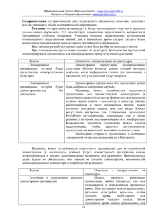 Образовательный портал «Мой университет» - www.moi-universitet.ru
                     Факультет «Реформа образования» - www.edu-reforma.ru

 Содержательная интерактивность дает возможность обучаемому изменять, дополнять
 или же уменьшать объем содержательной информации.
       Усиление интерактивности приводит к более интенсивному участию в процессе
 учения самого обучаемого. Это способствует повышению эффективности восприятия и
 запоминания учебного материала. Учитывая большие дидактические возможности
 компьютерного представления знаний, уже в ближайшее время следует ожидать более
 интенсивное использование компьютерных презентаций в образовании.
       Весь процесс разработки презентации может быть разбит на несколько этапов:
       При планировании презентации помните об аудитории. Большинство презентаций
 демонстрируются докладчиком для непосредственно присутствующей аудитории.

      Задачи                       Описания с гиперссылками на процедуры
      Планирование                 Демонстрация      презентации    непосредственно
презентации, которая будет аудитории обычно является самым лучшим методом,
представлена непосредственно особенно, когда информация сложна для понимания, и
аудитории                    ожидается, что у слушателей будут вопросы.

      Планирование                   Демонстрация презентации без докладчика может
презентации, которая     будет быть выбрана в следующих случаях.
демонстрироваться          без       Например, может потребоваться подготовить
докладчика                     презентацию для автоматической демонстрации (в
                               циклическом режиме) на стенде фирмы или для вывода на
                               полном экране (киоск - компьютер и монитор, обычно
                               расположенные в часто посещаемых местах; может
                               включать сенсорные экраны, звук или видео. Киоски
                               могут быть настроены для отображения презентаций
                               PowerPoint автоматически, непрерывно или в обоих
                               режимах.) во время выставки-ярмарки или конференции.
                               Большинство элементов управления можно сделать
                               недоступными,     чтобы    защитить     автоматическую
                               презентацию от изменений, вносимых пользователями.
                                     Необходимо отправить презентацию в сообщении
                               электронной почты или разместить ее в Интернете.


       Например, может потребоваться подготовить презентацию для автоматической
 демонстрации (в циклическом режиме). Перед демонстрацией презентации можно
 потренироваться и создать дополнительные материалы для аудитории. Перечисленные
 далее задачи не обязательны, они зависят от способа демонстрации, возможностей
 демонстрационного компьютера и потребностей аудитории.

      Задачи                                Описание с гиперссылками на
                                      процедуры
      Репетиция и определение времени       Можно       провести    репетицию
демонстрации презентации              презентации, чтобы убедиться, что она
                                      укладывается в определенные временные
                                      рамки. При репетиции можно использовать
                                      функцию «Настройка времени», чтобы
                                      записать    время,    необходимое    для
                                      демонстрации каждого слайда. Затем
                                      записанное время можно использовать для
                                               14
 