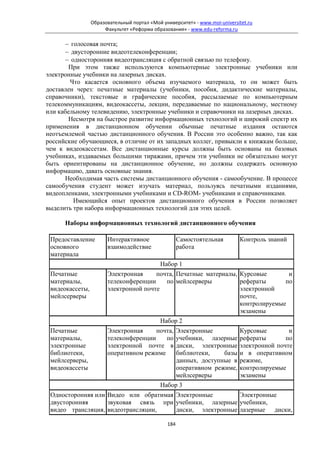 Образовательный портал «Мой университет» - www.moi-universitet.ru
                      Факультет «Реформа образования» - www.edu-reforma.ru

      − голосовая почта;
      − двусторонние видеотелеконференции;
      − односторонняя видеотрансляция с обратной связью по телефону.
        При этом также используются компьютерные электронные учебники или
электронные учебники на лазерных дисках.
        Что касается основного объема изучаемого материала, то он может быть
доставлен через: печатные материалы (учебники, пособия, дидактические материалы,
справочники), текстовые и графические пособия, рассылаемые по компьютерным
телекоммуникациям, видеокассеты, лекции, передаваемые по национальному, местному
или кабельному телевидению, электронные учебники и справочники на лазерных дисках.
        Несмотря на быстрое развитие информационных технологий и широкий спектр их
применения в дистанционном обучении обычные печатные издания остаются
неотъемлемой частью дистанционного обучения. В России это особенно важно, так как
российские обучающиеся, в отличие от их западных коллег, привыкли к книжкам больше,
чем к видеокассетам. Все дистанционные курсы должны быть основаны на базовых
учебниках, издаваемых большими тиражами, причем эти учебники не обязательно могут
быть ориентированы на дистанционное обучение, но должны содержать основную
информацию, давать основные знания.
      Необходимая часть системы дистанционного обучения - самообучение. В процессе
самообучения студент может изучать материал, пользуясь печатными изданиями,
видеопленками, электронными учебниками и CD-ROM- учебниками и справочниками.
         Имеющийся опыт проектов дистанционного обучения в России позволяет
выделить три набора информационных технологий для этих целей.

      Наборы информационных технологий дистанционного обучения

 Предоставление        Интерактивное                 Самостоятельная        Контроль знаний
 основного             взаимодействие                работа
 материала
                                            Набор 1
 Печатные              Электронная     почта, Печатные материалы, Курсовые       и
 материалы,            телеконференции    по мейлсерверы          рефераты      по
 видеокассеты,         электронной почте                          электронной
 мейлсерверы                                                      почте,
                                                                  контролируемые
                                                                  экзамены
                                            Набор 2
 Печатные              Электронная     почта,        Электронные            Курсовые        и
 материалы,            телеконференции    по         учебники, лазерные     рефераты       по
 электронные           электронной почте в           диски, электронные     электронной почте
 библиотеки,           оперативном режиме            библиотеки,    базы    и в оперативном
 мейлсерверы,                                        данных, доступные в    режиме,
 видеокассеты                                        оперативном режиме,    контролируемые
                                                     мейлсерверы            экзамены
                                            Набор 3
 Односторонняя или Видео или обратимая Электронные        Электронные
 двусторонняя      звуковая связь при учебники, лазерные учебники,
 видео трансляция, видеотрансляции,    диски, электронные лазерные диски,

                                               184
 