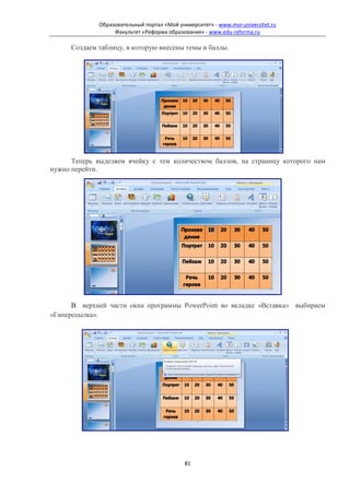 Образовательный портал «Мой университет» - www.moi-universitet.ru
                   Факультет «Реформа образования» - www.edu-reforma.ru

      Создаем таблицу, в которую внесены темы и баллы.




      Теперь выделяем ячейку с тем количеством баллов, на страницу которого нам
нужно перейти.




      В верхней части окна программы PowerPoint во вкладке «Вставка» выбираем
«Гиперссылка».




                                             81
 