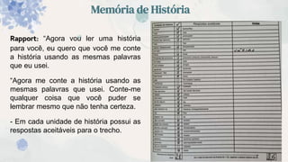 Memória de História
Rapport: “Agora vou ler uma história
para você, eu quero que você me conte
a história usando as mesmas palavras
que eu usei.
“Agora me conte a história usando as
mesmas palavras que usei. Conte-me
qualquer coisa que você puder se
lembrar mesmo que não tenha certeza.
- Em cada unidade de história possui as
respostas aceitáveis para o trecho.
 