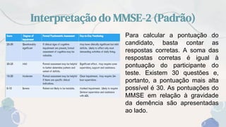 Interpretação do MMSE-2 (Padrão)
• Para calcular a pontuação do
candidato, basta contar as
respostas corretas. A soma das
respostas corretas é igual à
pontuação do participante do
teste. Existem 30 questões e,
portanto, a pontuação mais alta
possível é 30. As pontuações do
MMSE em relação à gravidade
da demência são apresentadas
ao lado.
 