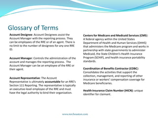 Glossary of TermsAccount Designee: Account Designees assist the Account Manager with the reporting process. They can be employees of the RRE or of an agent. There is no limit to the number of designees for any one RRE ID.Account Manager: Controls the administration of the account and manages the reporting process.  The Account Manager can be an employee of the RRE or their agent.Account Representative: The Account Representative is ultimately accountable for an RRE’s Section 111 Reporting. The representative is typically an executive-level employee of the RRE and must have the legal authority to bind their organization.www.mrchouston.com Centers for Medicare and Medicaid Services (CMS): A federal agency within the United States Department of Health and Human Services (DHHS) that administers the Medicare program and works in partnership with state governments to administer Medicaid, the State Children’s Health Insurance Program (SCHIP), and health insurance portability standards.Coordination of Benefits Contractor (COBC): Consolidates the activities that support the collection, management, and reporting of other insurance or workers’ compensation coverage for Medicare beneficiaries.Health Insurance Claim Number (HICN): unique identifier for claimant.