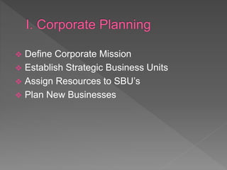  Define Corporate Mission
 Establish Strategic Business Units
 Assign Resources to SBU’s
 Plan New Businesses
 