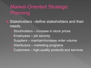  Stakeholders –define stakeholders and their
needs.
› Stockholders – increase in stock prices
› Employees – job security
› Suppliers – maintain/increase order volume
› Distributors – marketing programs
› Customers – high-quality products and services
 