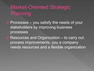  Processes – you satisfy the needs of your
stakeholders by improving business
processes
 Resources and Organization – to carry out
process improvements, you a company
needs resources and a flexible organization
 