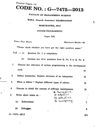System Programming Question paper Aurangabad  MMS