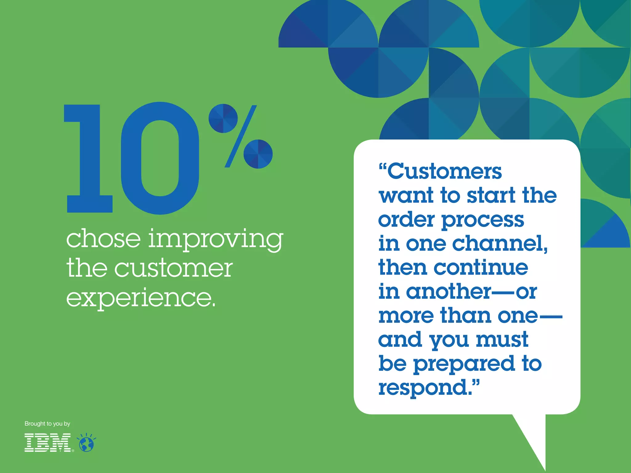 chose improving
the customer
experience.
10
Brought to you by
“Customers
want to start the
order process
in one channel,
then continue
in another—or
more than one—
and you must
be prepared to
respond.”
 