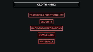 DOWNLOADS
OLD THINKING
FEATURES & FUNCTIONALITY
SECURITY
WATERFALL
BACK-END INTEGRATIONS
 