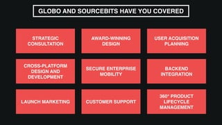 GLOBO AND SOURCEBITS HAVE YOU COVERED
STRATEGIC
CONSULTATION
AWARD-WINNING
DESIGN
USER ACQUISITION
PLANNING
CROSS-PLATFORM
DESIGN AND
DEVELOPMENT
SECURE ENTERPRISE
MOBILITY
BACKEND
INTEGRATION
LAUNCH MARKETING CUSTOMER SUPPORT
360° PRODUCT
LIFECYCLE
MANAGEMENT
 