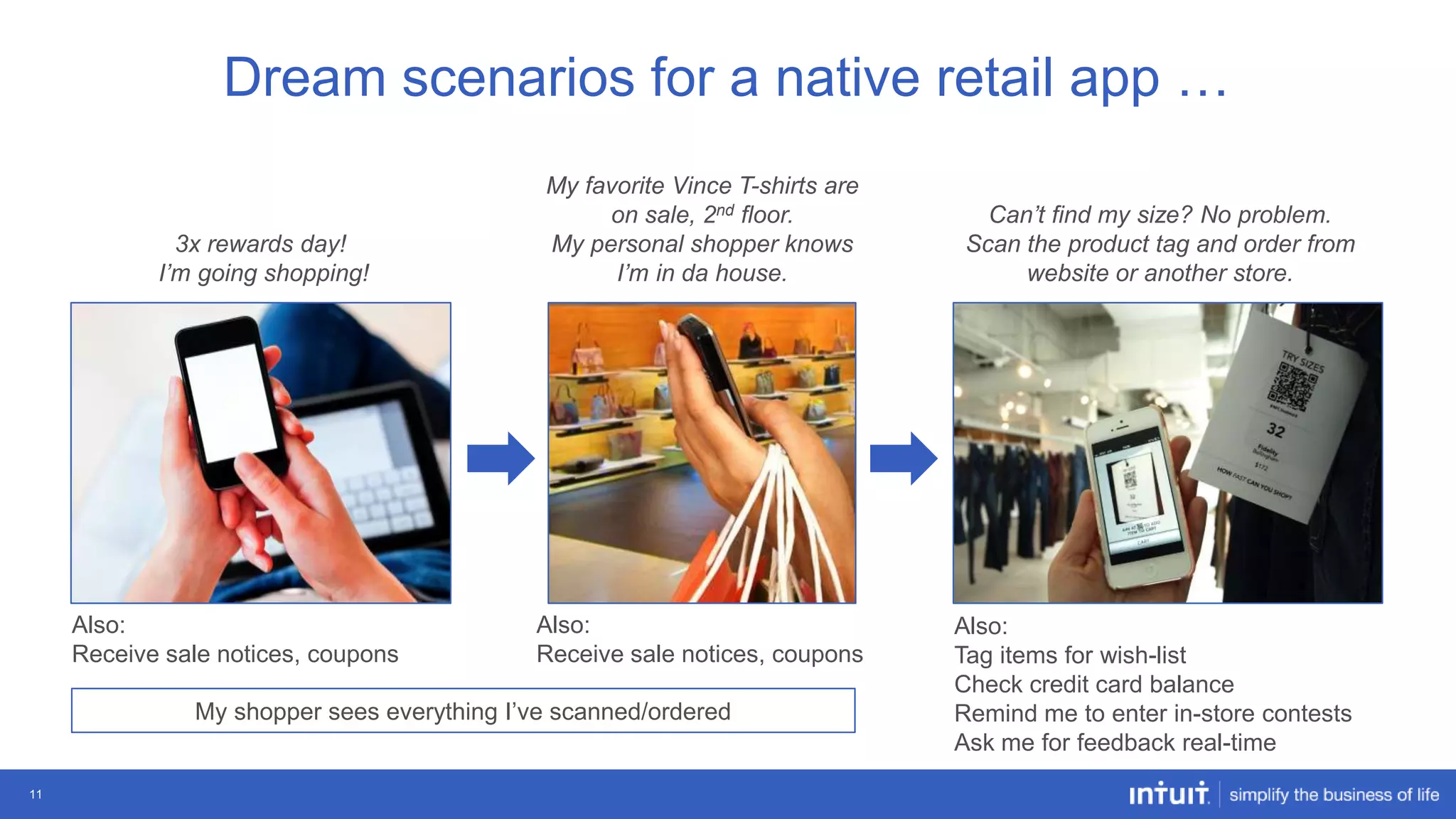 Dream scenarios for a native retail app …
3x rewards day!
I’m going shopping!

Also:
Receive sale notices, coupons

My favorite Vince T-shirts are
on sale, 2nd floor.
My personal shopper knows
I’m in da house.

Also:
Receive sale notices, coupons

My shopper sees everything I‟ve scanned/ordered

11

Can’t find my size? No problem.
Scan the product tag and order from
website or another store.

Also:
Tag items for wish-list
Check credit card balance
Remind me to enter in-store contests
Ask me for feedback real-time

 