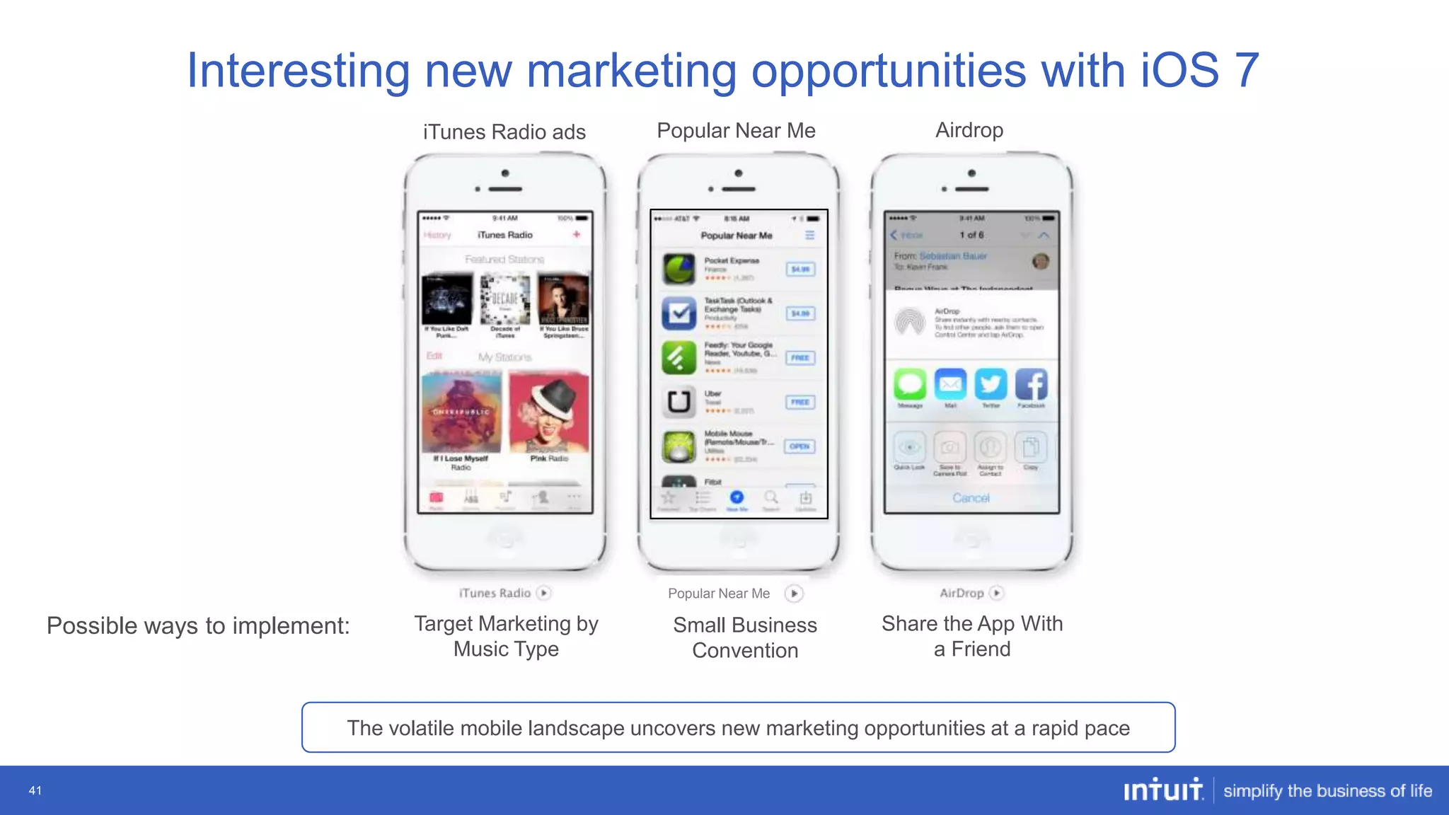 Interesting new marketing opportunities with iOS 7
iTunes Radio ads

Popular Near Me

Airdrop

Popular Near Me

Possible ways to implement:

Target Marketing by
Music Type

Small Business
Convention

Share the App With
a Friend

The volatile mobile landscape uncovers new marketing opportunities at a rapid pace
41

 