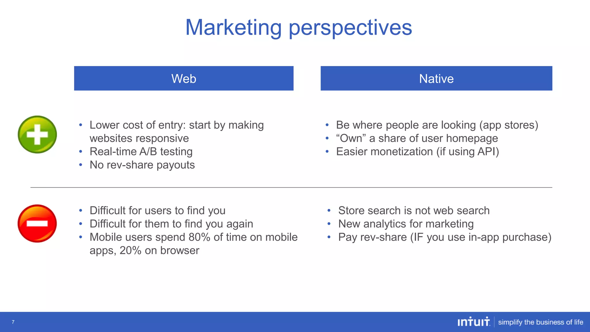 Marketing perspectives
Web

Native

• Lower cost of entry: start by making
websites responsive
• Real-time A/B testing
• No rev-share payouts

• Difficult for users to find you
• Difficult for them to find you again
• Mobile users spend 80% of time on mobile
apps, 20% on browser

7

• Be where people are looking (app stores)
• “Own” a share of user homepage
• Easier monetization (if using API)

• Store search is not web search
• New analytics for marketing
• Pay rev-share (IF you use in-app purchase)

 