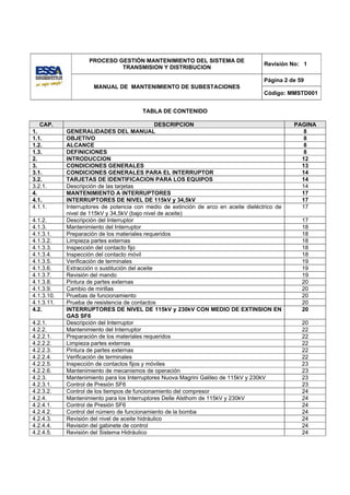 PROCESO GESTIÓN MANTENIMIENTO DEL SISTEMA DE
                                                                                      Revisión No: 1
                             TRANSMISION Y DISTRIBUCION

                                                                                      Página 2 de 59
                      MANUAL DE MANTENIMIENTO DE SUBESTACIONES
                                                                                      Código: MMSTD001


                                        TABLA DE CONTENIDO

   CAP.                                         DESCRIPCION                                     PAGINA
1.          GENERALIDADES DEL MANUAL                                                               8
1.1.        OBJETIVO                                                                               8
1.2.        ALCANCE                                                                                8
1.3.        DEFINICIONES                                                                           8
2.          INTRODUCCION                                                                          12
3.          CONDICIONES GENERALES                                                                 13
3.1.        CONDICIONES GENERALES PARA EL INTERRUPTOR                                             14
3.2.        TARJETAS DE IDENTIFICACION PARA LOS EQUIPOS                                           14
3.2.1.      Descripción de las tarjetas                                                           14
4.          MANTENIMIENTO A INTERRUPTORES                                                         17
4.1.        INTERRUPTORES DE NIVEL DE 115kV y 34,5kV                                              17
4.1.1.      Interruptores de potencia con medio de extinción de arco en aceite dieléctrico de     17
            nivel de 115kV y 34,5kV (bajo nivel de aceite)
4.1.2.      Descripción del Interruptor                                                            17
4.1.3.      Mantenimiento del Interruptor                                                          18
4.1.3.1.    Preparación de los materiales requeridos                                               18
4.1.3.2.    Limpieza partes externas                                                               18
4.1.3.3.    Inspección del contacto fijo                                                           18
4.1.3.4.    Inspección del contacto móvil                                                          18
4.1.3.5.    Verificación de terminales                                                             19
4.1.3.6.    Extracción o sustitución del aceite                                                    19
4.1.3.7.    Revisión del mando                                                                     19
4.1.3.8.    Pintura de partes externas                                                             20
4.1.3.9.    Cambio de mirillas                                                                     20
4.1.3.10.   Pruebas de funcionamiento                                                              20
4.1.3.11.   Prueba de resistencia de contactos                                                     20
4.2.        INTERRUPTORES DE NIVEL DE 115kV y 230kV CON MEDIO DE EXTINSION EN                      20
            GAS SF6
4.2.1.      Descripción del Interruptor                                                            20
4.2.2.      Mantenimiento del Interruptor                                                          22
4.2.2.1.    Preparación de los materiales requeridos                                               22
4.2.2.2.    Limpieza partes externas                                                               22
4.2.2.3.    Pintura de partes externas                                                             22
4.2.2.4.    Verificación de terminales                                                             22
4.2.2.5.    Inspección de contactos fijos y móviles                                                23
4.2.2.6.    Mantenimiento de mecanismos de operación                                               23
4.2.3.      Mantenimiento para los Interruptores Nuova Magrini Galileo de 115kV y 230kV            23
4.2.3.1.    Control de Presión SF6                                                                 23
4.2.3.2.    Control de los tiempos de funcionamiento del compresor                                 24
4.2.4.      Mantenimiento para los Interruptores Delle Alsthom de 115kV y 230kV                    24
4.2.4.1.    Control de Presión SF6                                                                 24
4.2.4.2.    Control del número de funcionamiento de la bomba                                       24
4.2.4.3.    Revisión del nivel de aceite hidráulico                                                24
4.2.4.4.    Revisión del gabinete de control                                                       24
4.2.4.5.    Revisión del Sistema Hidráulico                                                        24
 