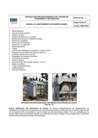 PROCESO GESTIÓN MANTENIMIENTO DEL SISTEMA DE
                                                                                          Revisión No: 1
                               TRANSMISION Y DISTRIBUCION

                                                                                          Página 29 de 59
                        MANUAL DE MANTENIMIENTO DE SUBESTACIONES
                                                                                          Código: MMSTD001


•   Destornilladores.
•   Lijas de diversos gramos.
•   Cepillos de acero.
•   Escalera de tijeras de 4 y 8 pasos.
•   Bomba para extracción y llenado de aceite.
•   Brocha de 2 pulgadas.
•   Thinner de 3 a 5 galones.
•   Alcohol de 1 a 3 galones.
•   Papel Absorbente.
•   Trapos.
•   Lamina para empaques de neopreno y caucho-corcho.
•   Empaque en hilo (original de diversos calibres).
•   Limpiador electrónico en aerosol.
•   Despejador de humedad en aerosol.
•   Lubricantes de contacto.
•   Pasta de silicona.
•   Microohmimetro de corriente continua, 120 c.a.
•   Gatos neumáticos.
•   Furgón de Mantenimiento.
•   Valdés plásticos.
•   Embudos plásticas.




                INTERRUPTOR WESTINGHOUSE CON MEDIO DE EXTINCION DE ACEITE
                                      Foto No. 19

4.4.2.2. Verificación del mecanismo de control: El Técnico Electromecánico de Mantenimiento de
Subestaciones inspecciona el mecanismo de control de accionamiento, verificando que no existan fugas de aire
en el mecanismo de accionamiento y que la presión de aire permanezca estable. Una vez verificado que no
existan fugas revisa el manómetro ubicado en el gabinete de control y verifica su buen estado físico. Finalmente
prueba el funcionamiento del motor del compresor.
 