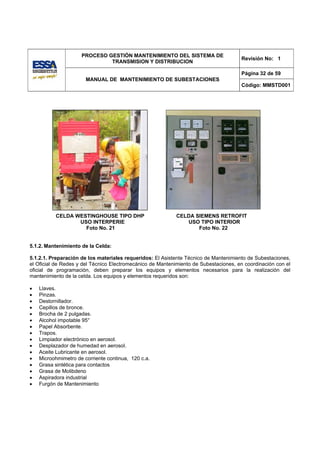 PROCESO GESTIÓN MANTENIMIENTO DEL SISTEMA DE
                                                                                      Revisión No: 1
                              TRANSMISION Y DISTRIBUCION

                                                                                      Página 32 de 59
                       MANUAL DE MANTENIMIENTO DE SUBESTACIONES
                                                                                      Código: MMSTD001




          CELDA WESTINGHOUSE TIPO DHP                       CELDA SIEMENS RETROFIT
                 USO INTERPERIE                                USO TIPO INTERIOR
                   Foto No. 21                                     Foto No. 22


5.1.2. Mantenimiento de la Celda:

5.1.2.1. Preparación de los materiales requeridos: El Asistente Técnico de Mantenimiento de Subestaciones,
el Oficial de Redes y del Técnico Electromecánico de Mantenimiento de Subestaciones, en coordinación con el
oficial de programación, deben preparar los equipos y elementos necesarios para la realización del
mantenimiento de la celda. Los equipos y elementos requeridos son:

•   Llaves.
•   Pinzas.
•   Destornillador.
•   Cepillos de bronce.
•   Brocha de 2 pulgadas.
•   Alcohol impotable 95°
•   Papel Absorbente.
•   Trapos.
•   Limpiador electrónico en aerosol.
•   Desplazador de humedad en aerosol.
•   Aceite Lubricante en aerosol.
•   Microohmimetro de corriente continua, 120 c.a.
•   Grasa sintética para contactos
•   Grasa de Molibdeno
•   Aspiradora industrial
•   Furgón de Mantenimiento
 