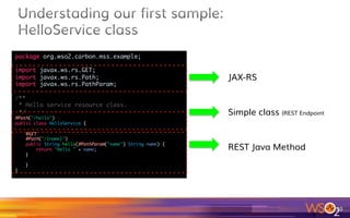 10	
•  WSO2 Microservices Server booting in my case less than 300ms
•  In the previous maven process, every dependency from other jars
were included into your helloworld-1.0.0-SNAPSHOT.jar, including the
reference to the Main Java Class.
•  Everything you need is ready J
 