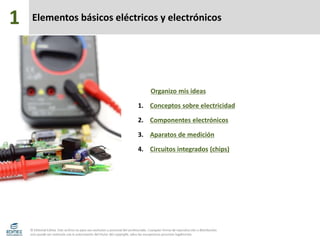 Elementos básicos eléctricos y electrónicos
Organizo mis ideas
1. Conceptos sobre electricidad
2. Componentes electrónicos
3. Aparatos de medición
4. Circuitos integrados (chips)
1
 