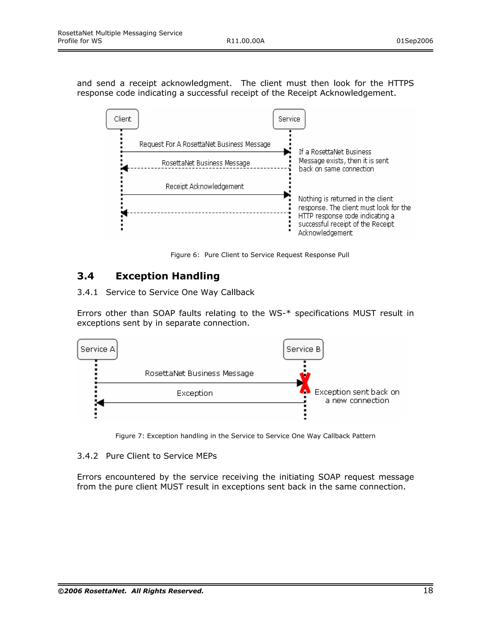 RosettaNet Multiple Messaging Service
Profile for WS                                    R11.00.00A                                       01Sep2006




     and send a receipt acknowledgment. The client must then look for the HTTPS
     response code indicating a successful receipt of the Receipt Acknowledgement.




                                 Figure 6: Pure Client to Service Request Response Pull


     3.4         Exception Handling
     3.4.1 Service to Service One Way Callback

     Errors other than SOAP faults relating to the WS-* specifications MUST result in
     exceptions sent by in separate connection.




                 Figure 7: Exception handling in the Service to Service One Way Callback Pattern


     3.4.2 Pure Client to Service MEPs

     Errors encountered by the service receiving the initiating SOAP request message
     from the pure client MUST result in exceptions sent back in the same connection.




©2006 RosettaNet. All Rights Reserved.                                                                   18
 