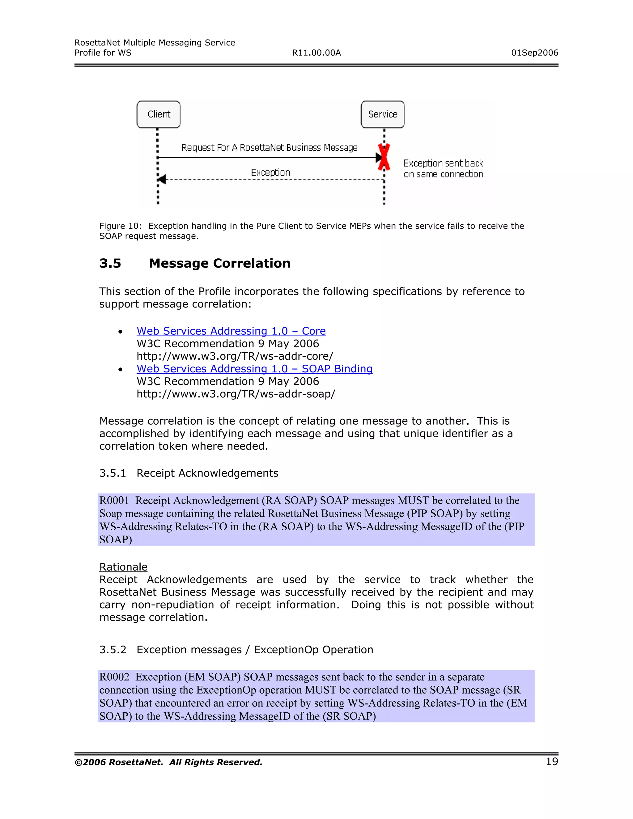 RosettaNet Multiple Messaging Service
Profile for WS                                     R11.00.00A                                          01Sep2006




     Figure 10: Exception handling in the Pure Client to Service MEPs when the service fails to receive the
     SOAP request message.


     3.5         Message Correlation

     This section of the Profile incorporates the following specifications by reference to
     support message correlation:

         •    Web Services Addressing 1.0 – Core
              W3C Recommendation 9 May 2006
              http://www.w3.org/TR/ws-addr-core/
         •    Web Services Addressing 1.0 – SOAP Binding
              W3C Recommendation 9 May 2006
              http://www.w3.org/TR/ws-addr-soap/

     Message correlation is the concept of relating one message to another. This is
     accomplished by identifying each message and using that unique identifier as a
     correlation token where needed.

     3.5.1 Receipt Acknowledgements

     R0001 Receipt Acknowledgement (RA SOAP) SOAP messages MUST be correlated to the
     Soap message containing the related RosettaNet Business Message (PIP SOAP) by setting
     WS-Addressing Relates-TO in the (RA SOAP) to the WS-Addressing MessageID of the (PIP
     SOAP)

     Rationale
     Receipt Acknowledgements are used by the service to track whether the
     RosettaNet Business Message was successfully received by the recipient and may
     carry non-repudiation of receipt information. Doing this is not possible without
     message correlation.


     3.5.2 Exception messages / ExceptionOp Operation

     R0002 Exception (EM SOAP) SOAP messages sent back to the sender in a separate
     connection using the ExceptionOp operation MUST be correlated to the SOAP message (SR
     SOAP) that encountered an error on receipt by setting WS-Addressing Relates-TO in the (EM
     SOAP) to the WS-Addressing MessageID of the (SR SOAP)



©2006 RosettaNet. All Rights Reserved.                                                                        19
 