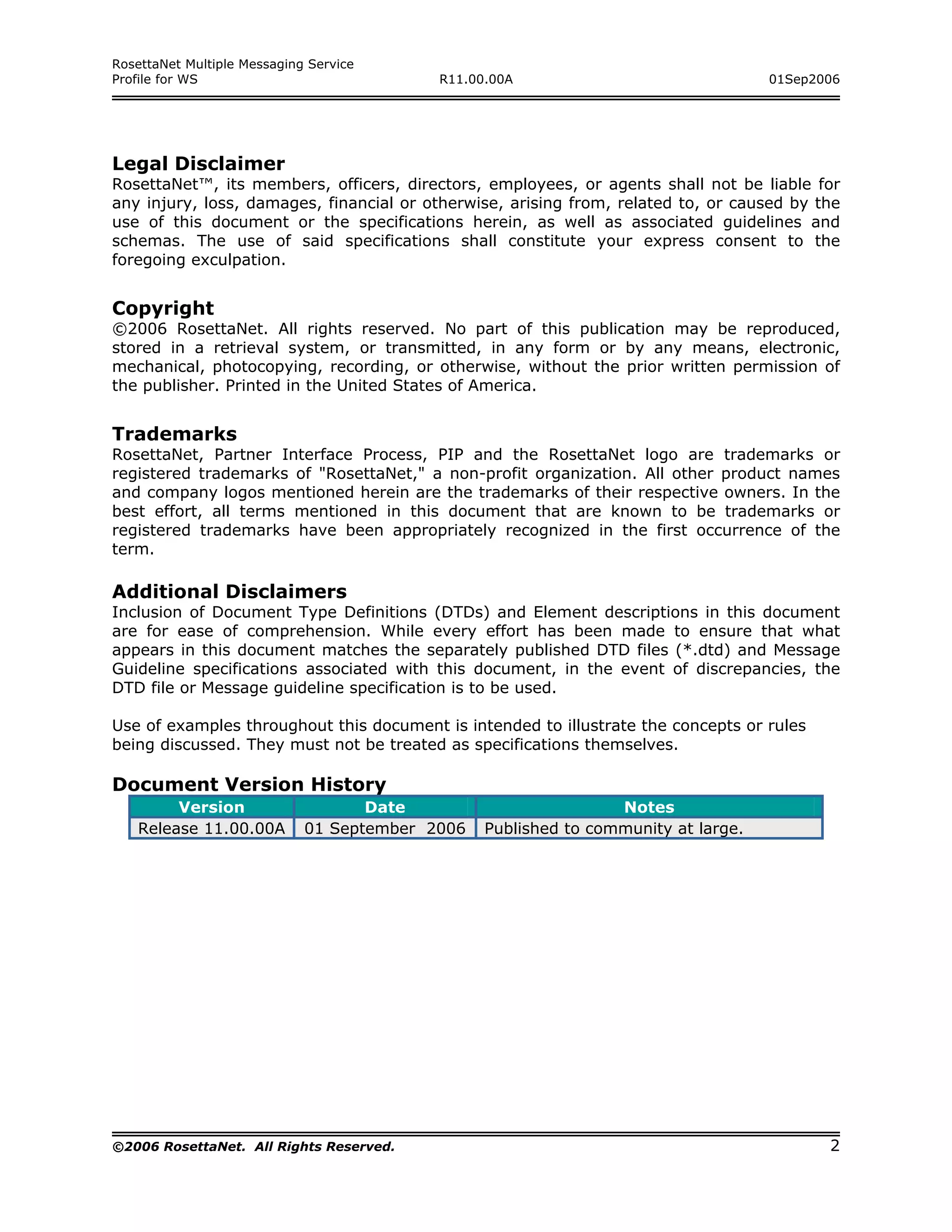 RosettaNet Multiple Messaging Service
Profile for WS                             R11.00.00A                               01Sep2006




Legal Disclaimer
RosettaNet™, its members, officers, directors, employees, or agents shall not be liable for
any injury, loss, damages, financial or otherwise, arising from, related to, or caused by the
use of this document or the specifications herein, as well as associated guidelines and
schemas. The use of said specifications shall constitute your express consent to the
foregoing exculpation.


Copyright
©2006 RosettaNet. All rights reserved. No part of this publication may be reproduced,
stored in a retrieval system, or transmitted, in any form or by any means, electronic,
mechanical, photocopying, recording, or otherwise, without the prior written permission of
the publisher. Printed in the United States of America.


Trademarks
RosettaNet, Partner Interface Process, PIP and the RosettaNet logo are trademarks or
registered trademarks of "RosettaNet," a non-profit organization. All other product names
and company logos mentioned herein are the trademarks of their respective owners. In the
best effort, all terms mentioned in this document that are known to be trademarks or
registered trademarks have been appropriately recognized in the first occurrence of the
term.

Additional Disclaimers
Inclusion of Document Type Definitions (DTDs) and Element descriptions in this document
are for ease of comprehension. While every effort has been made to ensure that what
appears in this document matches the separately published DTD files (*.dtd) and Message
Guideline specifications associated with this document, in the event of discrepancies, the
DTD file or Message guideline specification is to be used.

Use of examples throughout this document is intended to illustrate the concepts or rules
being discussed. They must not be treated as specifications themselves.

Document Version History
        Version                     Date                         Notes
   Release 11.00.00A         01 September 2006   Published to community at large.




©2006 RosettaNet. All Rights Reserved.                                                     2
 