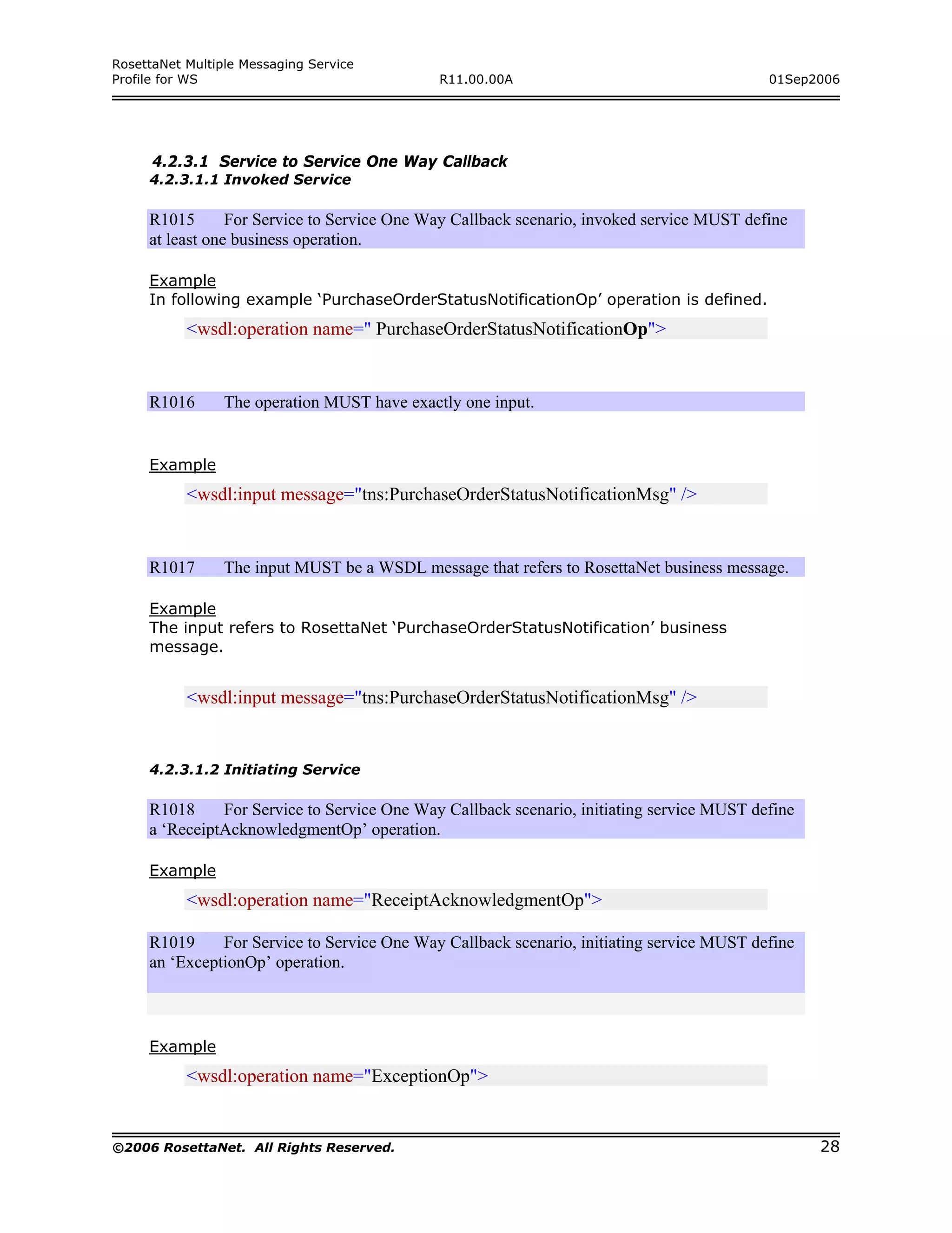 RosettaNet Multiple Messaging Service
Profile for WS                                R11.00.00A                                   01Sep2006




      4.2.3.1 Service to Service One Way Callback
     4.2.3.1.1 Invoked Service

     R1015       For Service to Service One Way Callback scenario, invoked service MUST define
     at least one business operation.

     Example
     In following example ‘PurchaseOrderStatusNotificationOp’ operation is defined.
           <wsdl:operation name=" PurchaseOrderStatusNotificationOp">


     R1016       The operation MUST have exactly one input.


     Example
           <wsdl:input message="tns:PurchaseOrderStatusNotificationMsg" />


     R1017       The input MUST be a WSDL message that refers to RosettaNet business message.

     Example
     The input refers to RosettaNet ‘PurchaseOrderStatusNotification’ business
     message.


           <wsdl:input message="tns:PurchaseOrderStatusNotificationMsg" />


     4.2.3.1.2 Initiating Service

     R1018     For Service to Service One Way Callback scenario, initiating service MUST define
     a ‘ReceiptAcknowledgmentOp’ operation.

     Example
           <wsdl:operation name="ReceiptAcknowledgmentOp">

     R1019     For Service to Service One Way Callback scenario, initiating service MUST define
     an ‘ExceptionOp’ operation.



     Example
           <wsdl:operation name="ExceptionOp">


©2006 RosettaNet. All Rights Reserved.                                                            28
 