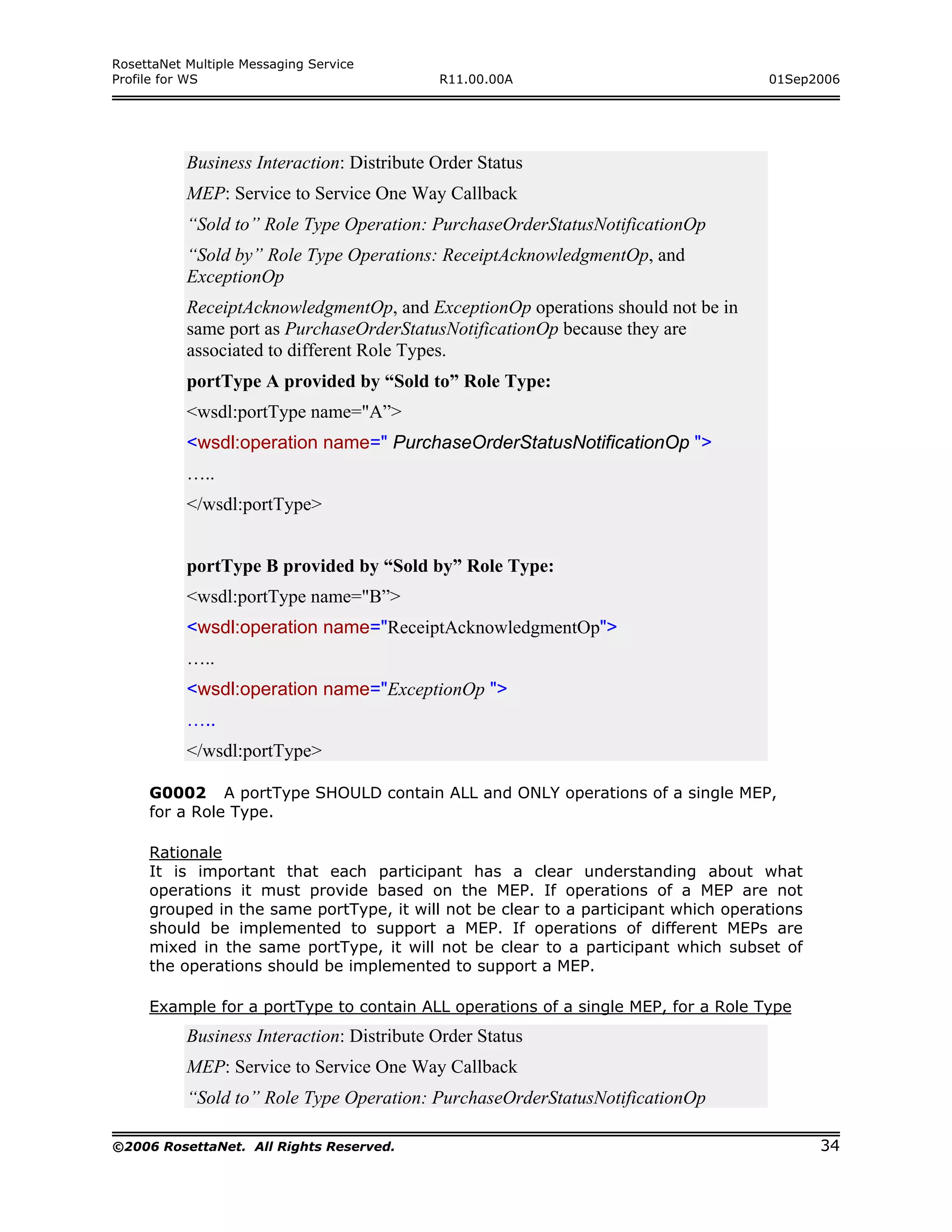RosettaNet Multiple Messaging Service
Profile for WS                              R11.00.00A                              01Sep2006




           Business Interaction: Distribute Order Status
           MEP: Service to Service One Way Callback
           “Sold to” Role Type Operation: PurchaseOrderStatusNotificationOp
           “Sold by” Role Type Operations: ReceiptAcknowledgmentOp, and
           ExceptionOp
           ReceiptAcknowledgmentOp, and ExceptionOp operations should not be in
           same port as PurchaseOrderStatusNotificationOp because they are
           associated to different Role Types.
           portType A provided by “Sold to” Role Type:
           <wsdl:portType name="A”>
           <wsdl:operation name=" PurchaseOrderStatusNotificationOp ">
           …..
           </wsdl:portType>


           portType B provided by “Sold by” Role Type:
           <wsdl:portType name="B”>
           <wsdl:operation name="ReceiptAcknowledgmentOp">
           …..
           <wsdl:operation name="ExceptionOp ">
           …..
           </wsdl:portType>

     G0002 A portType SHOULD contain ALL and ONLY operations of a single MEP,
     for a Role Type.

     Rationale
     It is important that each participant has a clear understanding about what
     operations it must provide based on the MEP. If operations of a MEP are not
     grouped in the same portType, it will not be clear to a participant which operations
     should be implemented to support a MEP. If operations of different MEPs are
     mixed in the same portType, it will not be clear to a participant which subset of
     the operations should be implemented to support a MEP.

     Example for a portType to contain ALL operations of a single MEP, for a Role Type
           Business Interaction: Distribute Order Status
           MEP: Service to Service One Way Callback
           “Sold to” Role Type Operation: PurchaseOrderStatusNotificationOp

©2006 RosettaNet. All Rights Reserved.                                                      34
 