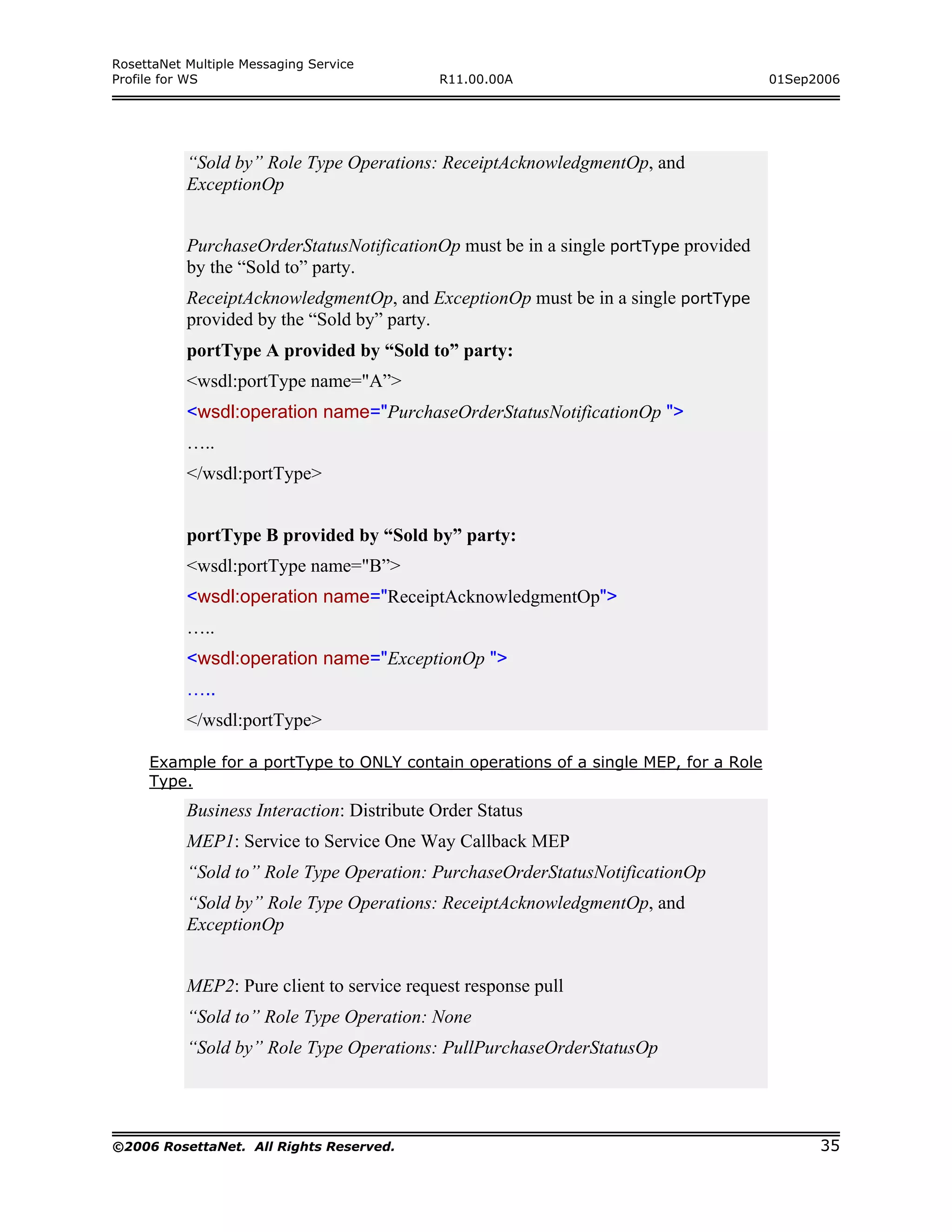 RosettaNet Multiple Messaging Service
Profile for WS                              R11.00.00A                               01Sep2006




           “Sold by” Role Type Operations: ReceiptAcknowledgmentOp, and
           ExceptionOp


           PurchaseOrderStatusNotificationOp must be in a single portType provided
           by the “Sold to” party.
           ReceiptAcknowledgmentOp, and ExceptionOp must be in a single portType
           provided by the “Sold by” party.
           portType A provided by “Sold to” party:
           <wsdl:portType name="A”>
           <wsdl:operation name="PurchaseOrderStatusNotificationOp ">
           …..
           </wsdl:portType>


           portType B provided by “Sold by” party:
           <wsdl:portType name="B”>
           <wsdl:operation name="ReceiptAcknowledgmentOp">
           …..
           <wsdl:operation name="ExceptionOp ">
           …..
           </wsdl:portType>

     Example for a portType to ONLY contain operations of a single MEP, for a Role
     Type.
           Business Interaction: Distribute Order Status
           MEP1: Service to Service One Way Callback MEP
           “Sold to” Role Type Operation: PurchaseOrderStatusNotificationOp
           “Sold by” Role Type Operations: ReceiptAcknowledgmentOp, and
           ExceptionOp


           MEP2: Pure client to service request response pull
           “Sold to” Role Type Operation: None
           “Sold by” Role Type Operations: PullPurchaseOrderStatusOp




©2006 RosettaNet. All Rights Reserved.                                                     35
 