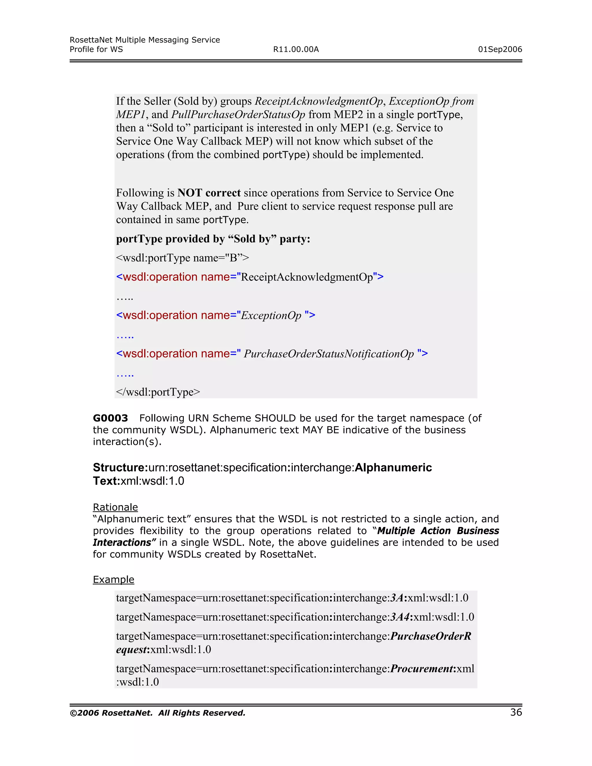 RosettaNet Multiple Messaging Service
Profile for WS                             R11.00.00A                                  01Sep2006




           If the Seller (Sold by) groups ReceiptAcknowledgmentOp, ExceptionOp from
           MEP1, and PullPurchaseOrderStatusOp from MEP2 in a single portType,
           then a “Sold to” participant is interested in only MEP1 (e.g. Service to
           Service One Way Callback MEP) will not know which subset of the
           operations (from the combined portType) should be implemented.


           Following is NOT correct since operations from Service to Service One
           Way Callback MEP, and Pure client to service request response pull are
           contained in same portType.
           portType provided by “Sold by” party:
           <wsdl:portType name="B”>
           <wsdl:operation name="ReceiptAcknowledgmentOp">
           …..
           <wsdl:operation name="ExceptionOp ">
           …..
           <wsdl:operation name=" PurchaseOrderStatusNotificationOp ">
           …..
           </wsdl:portType>

     G0003 Following URN Scheme SHOULD be used for the target namespace (of
     the community WSDL). Alphanumeric text MAY BE indicative of the business
     interaction(s).

     Structure:urn:rosettanet:specification:interchange:Alphanumeric
     Text:xml:wsdl:1.0

     Rationale
     “Alphanumeric text” ensures that the WSDL is not restricted to a single action, and
     provides flexibility to the group operations related to “Multiple Action Business
     Interactions” in a single WSDL. Note, the above guidelines are intended to be used
     for community WSDLs created by RosettaNet.

     Example
           targetNamespace=urn:rosettanet:specification:interchange:3A:xml:wsdl:1.0
           targetNamespace=urn:rosettanet:specification:interchange:3A4:xml:wsdl:1.0
           targetNamespace=urn:rosettanet:specification:interchange:PurchaseOrderR
           equest:xml:wsdl:1.0
           targetNamespace=urn:rosettanet:specification:interchange:Procurement:xml
           :wsdl:1.0

©2006 RosettaNet. All Rights Reserved.                                                       36
 