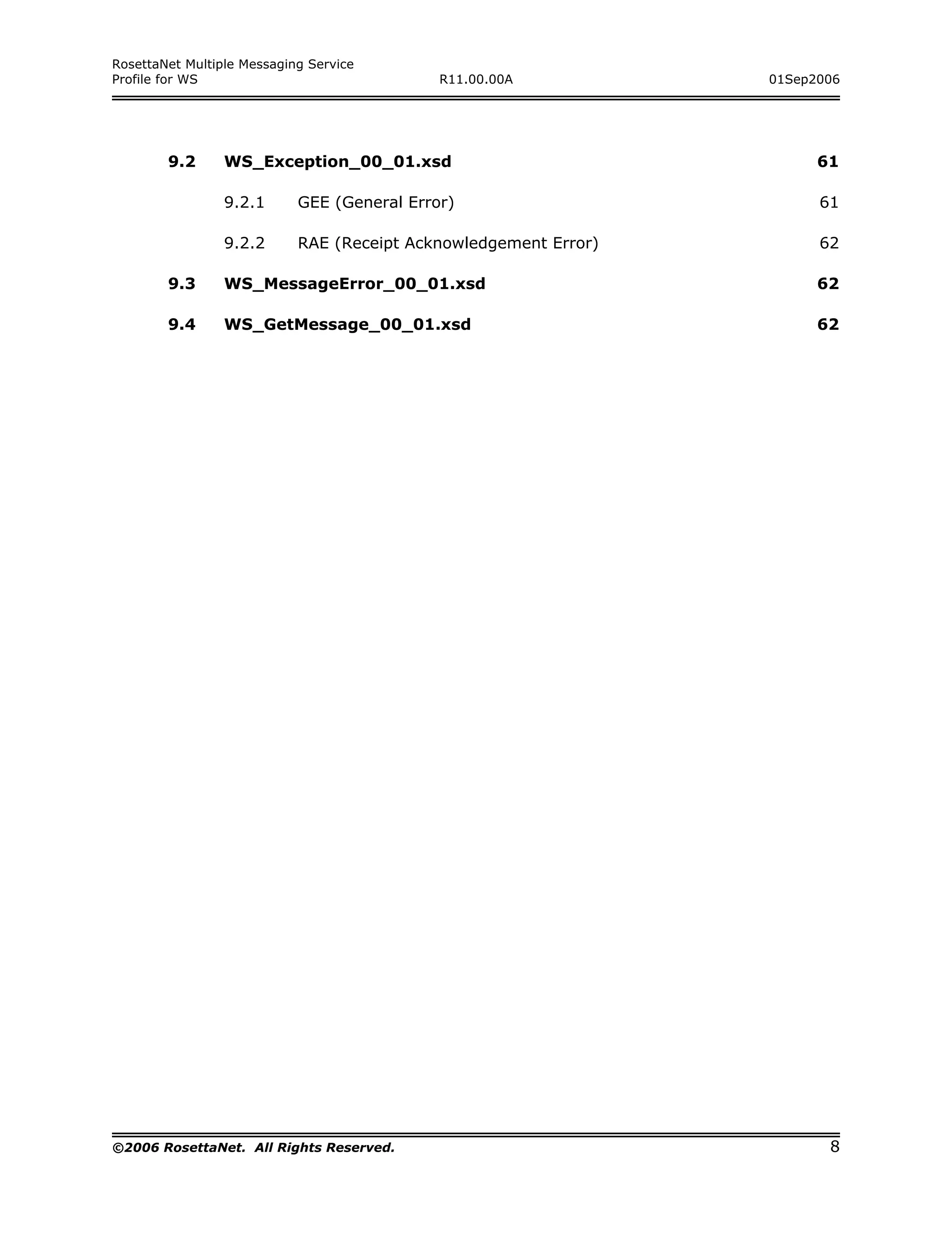 RosettaNet Multiple Messaging Service
Profile for WS                               R11.00.00A           01Sep2006




        9.2      WS_Exception_00_01.xsd                                 61

                 9.2.1      GEE (General Error)                         61

                 9.2.2      RAE (Receipt Acknowledgement Error)         62

        9.3      WS_MessageError_00_01.xsd                              62

        9.4      WS_GetMessage_00_01.xsd                                62




©2006 RosettaNet. All Rights Reserved.                                   8
 