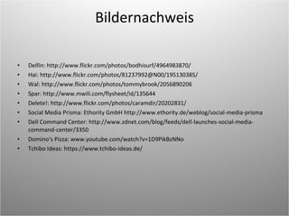 Bildernachweis Delfin: http://www.flickr.com/photos/bodhisurf/4964983870/ Hai: http://www.flickr.com/photos/81237992@N00/195130385/ Wal: http://www.flickr.com/photos/tommybrook/2056890206 Spar: http://www.mwili.com/flysheet/id/135644  Delete!: http://www.flickr.com/photos/caramdir/20202831/  Social Media Prisma: Ethority GmbH http://www.ethority.de/weblog/social-media-prisma Dell Command Center: http://www.zdnet.com/blog/feeds/dell-launches-social-media-command-center/3350 Domino‘s Pizza: www.youtube.com/watch?v=1D9PikBzNNo  Tchibo Ideas: https://www.tchibo-ideas.de/  