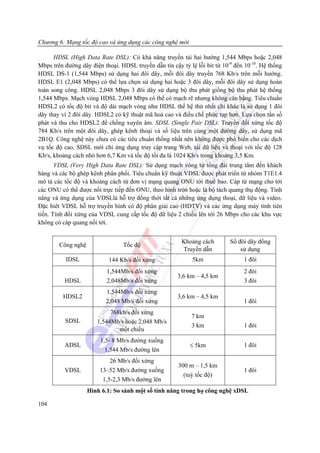 Chương 6: Mạng tốc độ cao và ứng dụng các công nghệ mới

      HDSL (High Data Rate DSL): Có khả năng truyền tải hai hướng 1,544 Mbps hoặc 2,048
Mbps trên đường dây điện thoại. HDSL truyền dẫn tin cậy tỷ lệ lỗi bit từ 10-9 đến 10-10. Hệ thống
HDSL DS-1 (1,544 Mbps) sử dụng hai đôi dây, mỗi đôi dây truyền 768 Kb/s trên mỗi hướng.
HDSL E1 (2,048 Mbps) có thể lựa chọn sử dụng hai hoặc 3 đôi dây, mỗi đôi dây sử dụng hoàn
toàn song công. HDSL 2,048 Mbps 3 đôi dây sử dụng bộ thu phát giống bộ thu phát hệ thống
1,544 Mbps. Mạch vòng HDSL 2,048 Mbps có thể có mạch rẽ nhưng không cân bằng. Tiêu chuẩn
HDSL2 có tốc độ bit và độ dài mạch vòng như HDSL thế hệ thứ nhất chỉ khác là sử dụng 1 đôi
dây thay vì 2 đôi dây. HDSL2 có kỹ thuật mã hoá cao và điều chế phức tạp hơn. Lựa chọn tần số
phát và thu cho HDSL2 để chống xuyên âm. SDSL (Single Pair DSL): Truyền đối xứng tốc độ
784 Kb/s trên một đôi dây, ghép kênh thoại và số liệu trên cùng một đường dây, sử dụng mã
2B1Q. Công nghệ này chưa có các tiêu chuẩn thống nhất nên không được phổ biến cho các dịch
vụ tốc độ cao. SDSL mới chỉ ứng dụng truy cập trang Web, tải dữ liệu và thoại với tốc độ 128
Kb/s, khoảng cách nhỏ hơn 6,7 Km và tốc độ tối đa là 1024 Kb/s trong khoảng 3,5 Km.
       VDSL (Very High Data Rate DSL): Sử dụng mạch vòng từ tổng đài trung tâm đến khách
hàng và các bộ ghép kênh phân phối. Tiêu chuẩn kỹ thuật VDSL được phát triển từ nhóm T1E1.4
mô tả các tốc độ và khoảng cách từ đơn vị mạng quang ONU tới thuê bao. Cáp từ mạng cho tới
các ONU có thể được nối trực tiếp đến ONU, theo hình tròn hoặc là bộ tách quang thụ động. Tính
năng và ứng dụng của VDSLlà hỗ trợ đồng thời tất cả những ứng dụng thoại, dữ liệu và video.
Đặc biêt VDSL hỗ trợ truyền hình có độ phân giải cao (HDTV) và các ứng dụng máy tính tiên
tiến. Tính đối xứng của VDSL cung cấp tốc độ dữ liệu 2 chiều lên tới 26 Mbps cho các khu vực
không có cáp quang nối tới.


                                                         Khoảng cách        Số đôi dây đồng
        Công nghệ                Tốc độ
                                                         Truyền dẫn             sử dụng
           IDSL             144 Kb/s đối xứng                5km                 1 đôi
                           1,544Mb/s đối xứng                                    2 đôi
                                                       3,6 km – 4,5 km
          HDSL             2,048Mb/s đối xứng                                    3 đôi
                          1,544Mb/s đối xứng
         HDSL2                                         3,6 km – 4,5 km
                          2,048 Mb/s đối xứng                                    1 đôi
                            768kb/s đối xứng
                                                             7 km
          SDSL         1,544Mb/s hoặc 2,048 Mb/s
                                                             3 km                1 đôi
                               một chiều
                        1,5- 8 Mb/s đường xuống
          ADSL                                              ≤ 5km                1 đôi
                          1,544 Mb/s đường lên
                            26 Mb/s đối xứng
                                                       300 m – 1,5 km
          VDSL          13–52 Mb/s đường xuống                                   1 đôi
                                                         (tuỳ tốc độ)
                         1,5-2,3 Mb/s đường lên
                    Hình 6.1: So sánh một số tính năng trong họ công nghệ xDSL

104
 