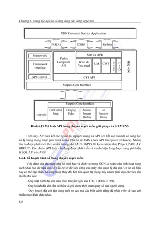 Chương 6: Mạng tốc độ cao và ứng dụng các công nghệ mới


          Lớp ứng dụng             NGN Enhanced Service Application


                          PARLAY                     CORBA               Sip/Print


           Framework                                         Service APIs
                                  Parlay
                                Compliant            What do




                                                                                             HiQ 4000
           Framework                                               UM   CW1          C   C
                                   APí               You need                        2   2
            Interface
                                                                                     C   D

          API Control                                   CSS API

                                        Surpass Core Interface




                                          Surpass Core Interface

                         Call Control     Charging      Amounc.         Uer
              HiQ 9200      Setup          Ticket       Inercept     Interactiv
                                                        Harding       Dialog

         Hình 6.15 Mô hình API trong chuyển mạch mềm giải pháp của SIEMENS


      Hiện nay, API liên kết các nguồn tài nguyên mạng và API liên kết các module có năng lực
xử lý trong mạng được phát triển nhiều trên cơ sở JAIN (Java API Intergrated Network). Nhóm
thứ ba được phát triển theo nhiều hướng như JAIN, 3GPP (3th Generation Ship Project, PARLAY
GROUP). Các chuẩn API hiện vẫn đang được phát triển và chuẩn hiện đang được dùng phổ biến
là SQL API của ANSI.
6.4.4. Kế hoạch đánh số trong chuyển mạch mềm
      Việc đánh địa chỉ cũng như số thuê bao và dịch vụ trong NGN là hoàn toàn linh hoạt bằng
cách khai báo dữ liệu kho số vào cơ sở dữ liệu động của máy chủ quản lý địa chỉ. Cơ sở dữ liệu
này có thể cập nhật, bổ sung hoặc thay đổi bởi nhà quản trị mạng, tuy nhiên phải dựa các tiêu chí
chính như sau:
      - Quy luật đánh địa chỉ tuân theo khuyến nghị của ITU-T (E164-E169).
      - Quy hoạch địa chỉ cần kế thừa và giữ được thói quen quay số của người dùng.
      - Quy hoạch địa chỉ tận dụng một số các mã đặc biệt dành riêng để phát triển về sau với
nhiều mục đích khác nhau.

124
 
