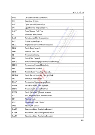 Các từ viết tắt

OPA     Office Document Architecture.
OS      Operating System.
OSF     Open Software Foundation.
OSI     Open Systems Interconnection..
OSPF    Open Shortest Path First.
PA      Point of P Attachement.
PAD     Packet Assembler Disassembler.
PAP     Printer Access Protocol.
PBX     Pripheral Component Interconnection.
PDN     Public Data Network.
PDU     Protocol Data Unit.
PE      Presentation Entity.
POP     Post Office Protocol.
POSIX   Portable Operating System Interface Exchange.
PPDU    Presentation Protocol Data Unit.
PPP     Point to Point Protocol.
PPTP    Point to Point Tunneling Protocol
PPSDN   Public Packet Switched Data Network.
PRI     Primary Rate Interface.
PSAP    Presentation Service Access Point.
PSDN    Packet Switched Data Network..
PSDU    Presentation Service Data Unit.
PSTN    Public Switched Telphone network.
PTT     Post, Telphone and Communications.
PU      Physical Unit.
PVC     Permanent Virtual Circuit.
QOS     Quality Of Service
RARP    Reverse Address Resolution Protocol
RAID    Redundant Array of Inexpensive Drives.
RARP    Reverse Address Resolution Protocol.

                                                                   161
 
