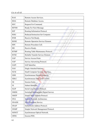Các từ viết tắt

 RAS              Remote Access Services.
 RDA              Remote Database Access.
 RFC              Request For Command.
 RFNM             Ready For Next Message.
 RIP              Routing Information Protocol.
 RISC             Reduced Instruction Set Computer.
 RNR              Receive Not Ready.
 ROSE             Remote Operation Service Element.
 RPC              Remote Procedure Call.
 RR               Receive Ready.
 RTMP             Routing Table Maintenance Protocol.
 RTSE             Reliable Transfer Service Element.
 SAP              Service Access Point.
 SAP              Service Advertising Protocol.
 SAPI             SAP Identifier.
 SAS              Single Attached Stations.
 SCSI             Small Computer Systems Interface.
 SDH              Synchronouse Digital Hierarchy.
 SDLC             Synchronouse Data Link Control.
 SE               Session Entity.
 SI               Subnet Identifier.
 SLIP             Serial Line Internet Protocol.
 SMDS             Switched Multimegabit Digital Service.
 SMTP             Simple Mail Transfer Protocol.
 SNA              System Network Architecture.
 SNADS            SNA Distribute Service.
 SNAP             Subnetwork Address Protocol.
 SNMP             Simple Network Management Protocol.
 SONET            Synchronouse Optical Network.
 SPDU             Session PDU.

162
 