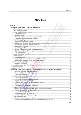Mục lục




                                                                     MỤC LỤC

MỞ ĐẦU .................................................................................................................................................................3
CHƯƠNG 1: KHÁI NIỆM VỀ MẠNG MÁY TÍNH..........................................................................................5
  1.1. Định nghĩa mạng máy tính ..........................................................................................................................5
  1.2. Mục tiêu mạng máy tính..............................................................................................................................6
  1.2.1. Mục tiêu kết nối mạng máy tính ...............................................................................................................6
  1.2.2. Lợi ích kết nối mạng.................................................................................................................................6
  1.3. Các dịch vụ mạng ........................................................................................................................................6
  1.3.1. Các xu hướng phát triển dịch vụ mạng máy tính......................................................................................6
  1.3.2 Các dịch vụ phổ biến trên mạng máy tính ................................................................................................6
  1.4 Cấu trúc mạng (Topology) ..........................................................................................................................7
  1.4.1 Kiểu điểm - điểm (Point to Point) ............................................................................................................7
  1.4.2. Kiểu đa điểm hay quảng bá (Point to Multipoint, Broadcasting) .............................................................8
  1.5. Khái niệm giao thức mạng máy tính (Protocols) .........................................................................................8
  1.5.1. Khái niệm về giao thức.............................................................................................................................8
  1.5.2. Chức năng giao thức.................................................................................................................................9
  1.6. Cáp mạng - phương tiện truyền (Network Medium) ..................................................................................9
  1.6.1. Đặc trưng cơ bản của đường truyền .......................................................................................................10
  1.6.2. Các loại cáp mạng .................................................................................................................................10
  1.6.3. Các phương tiện vô tuyến......................................................................................................................11
  1.7. Phân loại mạng ..........................................................................................................................................12
  1.7.1. Theo khoảng cách...................................................................................................................................12
  1.7.2. Mạng chuyển mạch kênh (Circuit Switched Networks) .........................................................................15
  1.7.3. Mạng chuyển mạch gói (Packet Switched Networks) ............................................................................16
  1.8. Các mô hình xử lý dữ liệu .........................................................................................................................17
  1.8.1. Mô hình Client-Server............................................................................................................................17
  1.8.2. Mô hình ngang hàng (Peer-to-Peer) .......................................................................................................18
  Câu hỏi trắc nghiệm: ........................................................................................................................................19
  Câu hỏi .............................................................................................................................................................21
CHƯƠNG 2: KIẾN TRÚC MẠNG VÀ MÔ HÌNH KẾT NỐI CÁC HỆ THỐNG MỞ OSI ........................23
  2.1. Các tổ chức tiêu chuẩn hóa mạng máy tính ...............................................................................................23
  2.1.1. Cơ sở xuất hiện kiến trúc đa tầng ...........................................................................................................23
  2.1.2. Các tổ chức tiêu chuẩn ...........................................................................................................................23
  2.2. Mô hình kiến trúc đa tầng..........................................................................................................................24
  2.2.1. Các quy tắc phân tầng............................................................................................................................24
  2.2.2. Lưu chuyển thông tin trong kiến trúc đa tầng.........................................................................................25
  2.2.3. Nguyên tắc truyền thông đồng tầng........................................................................................................26
  2.2.4. Giao diện tầng, quan hệ các tầng kề nhau và dịch vụ ............................................................................26
  2.2.5 Dịch vụ và chất lượng dịch vụ................................................................................................................27
  2.2.6. Các hàm dịch vụ nguyên thuỷ (Primitive)..............................................................................................29
  2.2.7. Quan hệ giữa dịch vụ và giao thức .........................................................................................................30
  2.3 Mô hình kết nối các hệ thống mở OSI (Open System Interconnection) ....................................................31
  2.3.1 Nguyên tắc định nghĩa các tầng hệ thống mở.........................................................................................31
  2.3.2. Các giao thức trong mô hình OSI ...........................................................................................................32
  2.3.3 Truyền dữ liệu trong mô hình OSI .........................................................................................................32
  2.3.4. Vai trò và chức năng chủ yếu các tầng ...................................................................................................33
  2.4. Một số kiến trúc khác ...............................................................................................................................35
  2.4.1. Systems Nework Architecture (SNA) ....................................................................................................35
  2.4.2. Internetwork Packet Exchange/Sequenced Packet Exchange (IPX/SPX) ..............................................35

                                                                                                                                                                  165
 