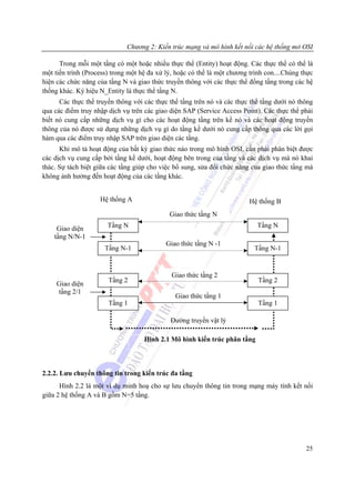 Chương 2: Kiến trúc mạng và mô hình kết nối các hệ thống mở OSI

      Trong mỗi một tầng có một hoặc nhiều thực thể (Entity) hoạt động. Các thực thể có thể là
một tiến trình (Process) trong một hệ đa xử lý, hoặc có thể là một chương trình con....Chúng thực
hiện các chức năng của tầng N và giao thức truyền thông với các thực thể đồng tầng trong các hệ
thống khác. Ký hiệu N_Entity là thực thể tầng N.
      Các thực thể truyền thông với các thực thể tầng trên nó và các thực thể tầng dưới nó thông
qua các điểm truy nhập dịch vụ trên các giao diện SAP (Service Access Point). Các thực thể phải
biết nó cung cấp những dịch vụ gì cho các hoạt động tầng trên kề nó và các hoạt động truyền
thông của nó được sử dụng những dịch vụ gì do tầng kề dưới nó cung cấp thông qua các lời gọi
hàm qua các điểm truy nhập SAP trên giao diện các tầng.
      Khi mô tả hoạt động của bất kỳ giao thức nào trong mô hình OSI, cần phải phân biệt được
các dịch vụ cung cấp bởi tầng kề dưới, hoạt động bên trong của tầng và các dịch vụ mà nó khai
thác. Sự tách biệt giữa các tầng giúp cho việc bổ sung, sửa đổi chức năng của giao thức tầng mà
không ảnh hưởng đến hoạt động của các tầng khác.


                    Hệ thống A                                            Hệ thống B
                                             Giao thức tầng N

     Giao diện         Tầng N                                                Tầng N
    tầng N/N-1
                                            Giao thức tầng N -1
                      Tầng N-1                                              Tầng N-1


                                              Giao thức tầng 2
                       Tầng 2                                                Tầng 2
     Giao diện
     tầng 2/1
                                               Giao thức tầng 1
                       Tầng 1                                                Tầng 1

                                             Đường truyền vật lý

                                    Hinh 2.1 Mô hình kiến trúc phân tầng



2.2.2. Lưu chuyển thông tin trong kiến trúc đa tầng
      Hình 2.2 là một ví dụ minh hoạ cho sự lưu chuyển thông tin trong mạng máy tính kết nối
giữa 2 hệ thống A và B gồm N=5 tầng.




                                                                                              25
 