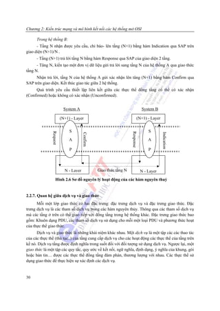 Chương 2: Kiến trúc mạng và mô hình kết nối các hệ thống mở OSI

      Trong hệ thống B:
      - Tầng N nhận được yêu cầu, chỉ báo- lên tầng (N+1) bằng hàm Indication qua SAP trên
giao diện (N+1)/N .
      - Tầng (N+1) trả lời tầng N bằng hàm Response qua SAP của giao diện 2 tầng.
      - Tâng N, kiến tạo một đơn vị dữ liệu gửi trả lời sang tầng N của hệ thống A qua giao thức
tầng N.
     Nhận trả lời, tầng N của hệ thống A gửi xác nhận lên tâng (N+1) bằng hàm Confirm qua
SAP trên giao diện. Kết thúc giao tác giữa 2 hệ thống.
     Quá trình yêu cầu thiết lập liên kết giữa các thực thể đồng tầng có thể có xác nhận
(Confirmed) hoặc không có xác nhận (Unconfirmed).


                          System A                                             System B

                         (N+1) - Layer                                    (N+1) - Layer


                              S                                                    S
               Request




                                                                    Response




                                                                                           Indication
                                       Confirm




                              A                                                    A

                              P                                                    P



                           N - Layer             Giao thức tầng N              N - Layer
                   Hình 2.6 Sơ đồ nguyên lý hoạt động của các hàm nguyên thuỷ


2.2.7. Quan hệ giữa dịch vụ và giao thức
      Mỗi một lớp giao thức có hai đặc trưng: đặc trưng dịch vụ và đặc trưng giao thức. Đặc
trưng dịch vụ là các tham số dịch vụ trong các hàm nguyên thủy. Thông qua các tham số dịch vụ
mà các tầng ở trên có thể giao tiếp với đồng tầng trong hệ thống khác. Đặc trưng giao thức bao
gồm: Khuôn dạng PDU, các tham số dịch vụ sử dụng cho mỗi một loại PDU và phương thức hoạt
của thực thể giao thức.
      Dịch vụ và giao thức là những khái niệm khác nhau. Một dịch vụ là một tập các các thao tác
của các thực thể (thủ tục..) của tầng cung cấp dịch vụ cho các hoạt động các thực thể của tầng trên
kề nó. Dịch vụ tầng được định nghĩa trong suốt đối với đối tượng sử dụng dịch vụ. Ngược lại, một
giao thức là một tập các quy tắc, quy ước về kết nối, ngữ nghĩa, định dạng, ý nghĩa của khung, gói
hoặc bản tin… được các thực thể đồng tầng đàm phán, thương lượng với nhau. Các thực thể sử
dụng giao thức để thực hiện sự xác định các dịch vụ.


30
 