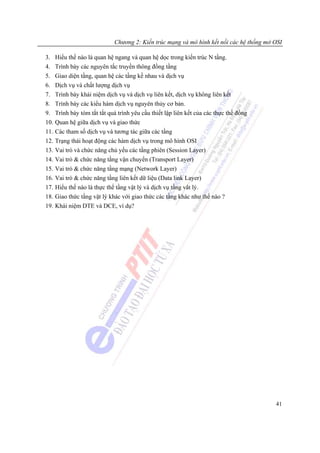 Chương 2: Kiến trúc mạng và mô hình kết nối các hệ thống mở OSI

3. Hiểu thế nào là quan hệ ngang và quan hệ dọc trong kiến trúc N tầng.
4. Trình bày các nguyên tắc truyền thông đồng tầng
5. Giao diện tầng, quan hệ các tầng kề nhau và dịch vụ
6.    Dịch vụ và chất lượng dịch vụ
7.    Trình bày khái niệm dịch vụ và dịch vụ liên kết, dịch vụ không liên kết
8.    Trình bày các kiểu hàm dịch vụ nguyên thủy cơ bản.
9.    Trình bày tóm tắt tắt quá trình yêu cầu thiết lập liên kết của các thực thể đồng
10.   Quan hệ giữa dịch vụ và giao thức
11. Các tham số dịch vụ và tương tác giữa các tầng
12. Trạng thái hoạt động các hàm dịch vụ trong mô hình OSI
13. Vai trò và chức năng chủ yếu các tầng phiên (Session Layer)
14. Vai trò & chức năng tầng vận chuyển (Transport Layer)
15.   Vai trò & chức năng tầng mạng (Network Layer)
16.   Vai trò & chức năng tầng liên kết dữ liệu (Data link Layer)
17.   Hiểu thế nào là thực thể tầng vật lý và dịch vụ tầng vât lý.
18.   Giao thức tầng vật lý khác với giao thức các tầng khác như thế nào ?
19. Khái niệm DTE và DCE, ví dụ?




                                                                                          41
 