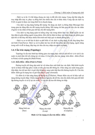 Chương 1: Khái niệm về mạng máy tính

      - Dịch vụ in ấn: Có thể dùng chung các máy in đắt tiền trên mạng. Cung cấp khả năng đa
truy nhập đến máy in, phục vụ đồng thời cho nhiều nhu cầu in khác nhau. Cung cấp các dịch vụ
FAX và quản lý được các trang thiết bị in chuyên dụng.
      - Các dịch vụ ứng dụng hướng đối tượng: Sử dụng các dịch vụ thông điệp (Message) làm
trung gian tác động đến các đối tượng truyền thông. Đối tượng chỉ bàn giao dữ liệu cho tác nhân
(Agent) và tác nhân sẽ bàn giao dữ liệu cho đối tượng đích.
       - Các dịch vụ ứng dụng quản trị luồng công việc trong nhóm làm việc: Định tuyến các tài
liệu điện tử giữa những người trong nhóm. Khi chữ ký điện tử được xác nhận trong các phiên giao
dịch thì có thể thay thế được nhiều tiến trình mới hiệu quả và nhanh chóng hơn.
      - Dịch vụ cơ sở dữ liệu là dịch vụ phổ biến về các dịch vụ ứng dụng, là các ứng dụng theo
mô hình Client/Server. Dịch vụ xử lý phân tán lưu trữ dữ liệu phân tán trên mạng, người dùng
trong suốt và dễ sử dụng, đáp ứng các nhu cầu truy nhập của người sử dụng.

1.4. Cấu trúc mạng (Topology)
      Topology là cấu trúc hình học không gian của mạng thực chất là cách bố trí vị trí vật lý các
node và cách thức kết nối chúng lại với nhau. Có hai kiểu cấu trúc mạng: kiểu điểm - điểm (Point
to Point) và kiểu quảng bá (Multi Point).
1.4.1. Kiểu điểm - điểm (Point to Point)
       Đường truyền nối từng cặp node lại với nhau theo một hình học xác định. Một kênh truyền
vật lý sẽ được thiết lập giữa 2 node có nhu cầu trao đổi thông tin. Chức năng các node trung gian:
tiếp nhận, lưu trữ tạm thời và gửi tiếp thông tin sang node tiếp theo khi đường truyền rỗi. Cấu trúc
điểm- điểm gọi là mạng lưu và gửi tiếp (Store - and - Forward).
      Ưu điểm là ít khả năng đụng độ thông tin (Collision). Nhược điểm của nó là hiệu suất sử
dụng đường truyền thấp. Chiếm dụng nhiều tài nguyên, độ trễ lớn, tiêu tốn nhiều thời gian để thiết
lập đường truyền và xử lý tại các node. Vì vậy tốc độ trao đổi thông tin thấp.




          Mạng hình sao               Mạng chu trình                   Mạng đầy đủ
             (Star)                      (Loop)                        (Complete)

                           Hình 1.2 Các mạng có cấu trúc điểm - điểm

                                                                                                  7
 