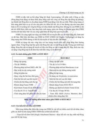 Chương 4: Kỹ thuật mạng cục bộ

       FDDI có đặc tính tự hồi phục bằng kỹ thuật Autowraping. Lỗi phát sinh ở Ring sơ cấp
(Ring đang hoạt động) sẽ được khắc phục bằng cách nối vòng với Ring thứ cấp (Ring dự phòng),
tạo thành một Ring đơn và cho phép mạng FDDI hoạt động ở tốc độ cao nhất. Phần cứng mạng có
khả năng phát hiện ra sự cố của cáp giữa các điểm kết nối, do có hai đường cáp nên trạm phát
hiện ra lỗi sẽ tự động nối vòng hai Ring với nhau thành một Ring đơn. Khung tin của FDDI có độ
dài tới 4500 Byte, điều này làm tăng hiệu xuất mạng, giảm các thông tin Header giao thức.FDDI
mã hóa dữ liệu khác biệt với các công nghệ khác để tăng hiệu quả truyền dẫn.
      FDDI-2 là công nghệ mở rộng của FDDI, hỗ trợ truyền dẫn các tín hiệu tiếng nói, hình ảnh
và dữ liệu. Một biến thể khác của FDDI là FFDT (FDDI Full Duplex Technology) sử dụng hạ
tầng mạng như FDDI nhưng có thể tốc độ truyền số liệu lên đến 200 Mbps.
      FDDI sử dụng cấu trúc vòng kép với lưu lượng truyền trên mỗi vòng Ring theo hướng
ngược nhau. Vòng Ring kép bao gồm một Ring thứ cấp và một Ring sơ cấp. Trong quá trình hoạt
động, Ring thứ cấp sử dụng để truyền số liệu còn Ring sơ cấp ở trạng thái rỗi. Mục đích của việc
sử dụng vòng Ring kép là để đảm bảo tính bền vững và ổn định hơn.

4.4.2. So sánh những giữa FDDI và IEEE 802.5

                       FDDI                                       IEEE 802.5
  - Dùng cáp quang .                             - Dùng cáp đôi xoắn
  - Tốc độ 100Mb/s                               - Tốc độ 1,4 và 16 Mb/s
  - Phương pháp mã hoá NRZI -4B/ 5B              - Phương pháp mã hoá Manchester vì sai
  - Đặc tả độ tin cậy tường minh                 - Đặctả độ tin cậy không tường minh
  - Đồng bộ phân tán                             - Đồng bộ tập trung
  - Quay vòng thẻ bài theo thời gian.            - Sử dụng các bit priority và reservation
  - Sinh thẻ bài mới sau khi truyền              - Sinh thẻ bài mới sau khi nhận
  - Chiếm thẻ bài bằng cách thu lại              - Chiếm thẻ bài bằng cách đổi bit trạng thái
  - Khuôn dạng Frame FDDI                        - Khuôn dạng Frame IEEE 802.5
  - Kích thước Frame tối đa 4500 Bytes           - Không qui định kích thước Frame tối đa
  - Các địa chỉ 16 và / hoặc48 bits              - Các địa chỉ 16 hoặc 48 bits
  - Chức năng phục hồi phân tán cho các trạm     - Trạm điều khiển (Active Monitor) đảm
                                                 nhiệm chức năng phục hồi.
                 Bảng 4.8 Những điểm khác nhau giữa FDDI và IEEE 802.5


4.4.3. Các kiểu kết nối đầu cuối FDDI
      Một trong những đặc điểm đặc trưng của FDDI là việc hỗ trợ nhiều cách kết nối khác nhau
giữa các thiết bị trên mạng FDDI. FDDI đưa ra bốn kiểu kết nối
     - Trạm kết nối đơn SAS (Single Attachment Station) - được kết nối vào duy nhất một Ring
qua một bộ tập trung.
                                                                                                71
 