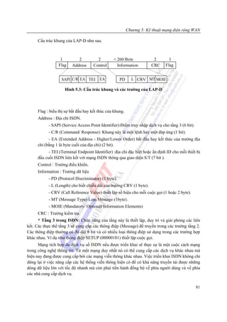 Chương 5: Kỹ thuật mạng diện rộng WAN

      Cấu trúc khung của LAP-D như sau.



                  1         2           2        < 260 Byte             2        1
                 Flag    Address      Control      Information         CRC     Flag


                   SAPI C/R EA TEI EA                 PD     L CRV MT MOIE

                     Hình 5.3: Cấu trúc khung và các trường của LAP-D



      Flag : biểu thị sự bắt đầu hay kết thúc của khung.
      Address : Địa chỉ ISDN.
            - SAPI (Service Access Point Identifier):Điểm truy nhập dịch vụ cho tầng 3 (6 bit).
            - C/R (Command/ Response): Khung này là một lệnh hay một đáp ứng (1 bit).
            - EA (Extended Address - Higher/Lower Order) bắt đầu hay kết thúc của trường địa
      chỉ (bằng 1 là byte cuối của địa chỉ) (2 bit).
            - TEI (Terminal Endpoint Identifier) :địa chỉ đặc biệt hoặc ấn định ID cho mỗi thiết bị
      đầu cuối ISDN liên kết với mạng ISDN thông qua giao diện S/T (7 bit ).
      Control : Trường điều khiển.
      Information : Trường dữ liệu
            - PD (Protocol Discriminator) (1 byte).
            - L (Length) cho biết chiều dài của trường CRV (1 byte).
            - CRV (Call Reference Value) thiết lập số hiệu cho mỗi cuộc gọi (1 hoặc 2 byte).
            - MT (Message Type) Loại Message (1byte).
            - MOIE (Mandatory/ Optional Information Elements)
      CRC : Trường kiểm tra.
      * Tầng 3 trong ISDN: Chức năng của tầng này là thiết lập, duy trì và giải phóng các liên
kết. Các thực thể tầng 3 sẽ cung cấp các thông điệp (Message) để truyền trong các trường tầng 2.
Các thông điệp thường có độ dài 8 bit và có nhiều loại thông điệp sử dụng trong các trường hợp
khác nhau. Ví dụ như thông điệp SETUP (00000101) thiết lập cuộc gọi.
      Mạng tích hợp đa dịch vụ số ISDN nếu được triển khai sẽ thực sự là một cuộc cách mạng
trong công nghệ thông tin. Từ một mạng duy nhất nó có thể cung cấp các dịch vụ khác nhau mà
hiện nay đang được cung cấp bởi các mạng viễn thông khác nhau. Việc triển khai ISDN không chỉ
dừng lại ở việc nâng cấp các hệ thống viễn thông hiện có để có khả năng truyền tải được những
dòng dữ liệu lớn với tốc độ nhanh mà còn phải tiến hành đồng bộ về phía người dùng và về phía
các nhà cung cấp dịch vụ.


                                                                                                  81
 