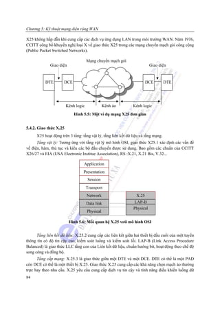 Chương 5: Kỹ thuật mạng diện rộng WAN

X25 không hấp dẫn khi cung cấp các dịch vụ ứng dụng LAN trong môi trường WAN. Năm 1976,
CCITT công bố khuyến nghị loại X về giao thức X25 trong các mạng chuyển mạch gói công cộng
(Public Packet Switched Networks).

                                     Mạng chuyển mạch gói
              Giao diện                                                   Giao diện


           DTE        DCE                                               DCE         DTE




                        Kênh logic              Kênh ảo        Kênh logic
                            Hình 5.5: Một ví dụ mạng X25 đơn giản


5.4.2. Giao thức X.25
      X25 hoạt động trên 3 tầng: tầng vật lý, tầng liên kết dữ liệu và tầng mạng.
      Tầng vật lý: Tương ứng với tầng vật lý mô hình OSI, giao thức X25.1 xác định các vấn đề
về điện, hàm, thủ tục và kiểu các bộ đấu chuyển được sử dụng. Bao gồm các chuẩn của CCITT
X26/27 và EIA (USA Electronic Institue Association), RS :X.21, X.21 Bis, V.32...

                                  Application
                                 Presentation
                                     Session
                                     Transport
                                     Network                     X.25
                                     Data link                 LAP-B
                                                               Physical
                                     Physical

                          Hình 5.6: Mối quan hệ X.25 vơíi mô hình OSI


      Tầng liên kết dữ liệu: X.25.2 cung cấp các liên kết giữa hai thiết bị đầu cuối của một tuyến
thông tin có độ tin cậy cao, kiểm soát luồng và kiểm soát lỗi. LAP-B (Link Access Procedure
Balanced) là giao thức LLC tầng con của Liên kết dữ liệu, chuẩn hướng bit, hoạt động theo chế độ
song công và đồng bộ.
      Tầng cấp mạng: X.25.3 là giao thức giữa một DTE và một DCE. DTE có thể là một PAD
còn DCE có thể là một thiết bị X.25. Giao thức X.25 cung cấp các khả năng chọn mạch ảo thường
trực hay theo nhu cầu. X.25 yêu cầu cung cấp dịch vụ tin cậy và tính năng điều khiển luồng dữ
84
 