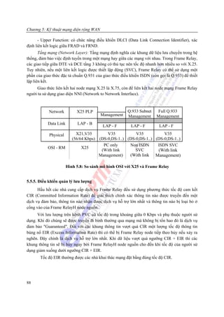 Chương 5: Kỹ thuật mạng diện rộng WAN

       - Upper Function: có chức năng điều khiển DLCI (Data Link Connection Identifier), xác
định liên kết logic giữa FRAD và FRND.
       Tầng mạng (Network Layer): Tầng mạng định nghĩa các khung dữ liệu lưu chuyển trong hệ
thống, đảm bảo việc định tuyến trong một mạng hay giữa các mạng với nhau. Trong Frame Relay,
các giao tiếp giữa DTE và DCE tầng 3 không có thủ tục nên tốc độ nhanh hơn nhiều so với X.25.
Tuy nhiên, nếu một liên kết logic được thiết lập động (SVC), Frame Relay có thể sử dụng một
phần của giao thức đặc tả chuẩn Q.931 của giao thức điều khiển ISDN (còn gọi là Q.933) để thiết
lập liên kết.
     Giao thức liên kết hai node mạng X.25 là X.75, còn để liên kết hai node mạng Frame Relay
người ta sử dụng giao diện NNI (Network to Network Interface).



            Network         X25 PLP                     Q.933 Subnet    Full Q.933
                                         Management     Management      Management
           Data Link        LAP - B
                                           LAP - F        LAP - F        LAP - F

            Physical        X21,V35          V35           V35           V35
                                                                    Manage
                          (56/64 Kbps)   (DS-0,DS-1..) (DS-0,DS-1..) (DS-0,DS-1..)
                                           PC only      Non ISDN      ISDN SVC
           OSI - RM           X25
                                          (With link       SVC        (With link
                                         Management)    (With link Management)

                       Hình 5.8: So sánh mô hình OSI với X25 và Frame Relay


5.5.5. Điều khiển quản lý lưu lượng
      Hầu hết các nhà cung cấp dịch vụ Frame Relay đều sử dụng phương thức tốc độ cam kết
CIR (Committed Information Rate) để giải thích chính xác thông tin nào được truyền đến một
dịch vụ đảm bảo, thông tin nào nhận được dịch vụ hỗ trợ lớn nhất và thông tin nào bị loại bỏ ở
cổng vào của Frame RelayH node nguồn.
      Với lưu lượng trên kênh PVC có tốc độ trong khoảng giữa 0 Kbps và phụ thuộc người sử
dụng. Khi đó chúng sẽ được truyền đi bình thường qua mạng mà không bị tổn hao đó là dịch vụ
đảm bảo "Guaranteed". Đối với các khung thông tin vượt quá CIR một lượng tốc độ thông tin
bùng nổ EIR (Excess Information Rate) thì có thể bị Frame Relay node tiếp theo hủy nếu xảy ra
nghẽn. Đây chính là dịch vụ hỗ trợ lớn nhất. Khi dữ liệu vượt quá ngưỡng CIR + EIR thì các
khung thông tin sẽ bị hủy ngay bởi Frame RelayH node nguồn cho đến khi tốc độ của người sử
dụng giảm xuống dưới ngưỡng CIR + EIR.
       Tốc độ EIR thường được các nhà khai thác mạng đặt bằng đúng tốc độ CIR.




88
 