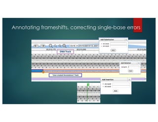 Annotating frameshifts, correcting single-base errors
DNA	Track
‘User-created	Annotations’	Track
 