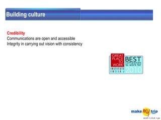 Building culture Credibility  Communications are open and accessible  Integrity in carrying out vision with consistency 