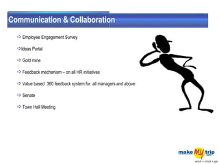 Communication & Collaboration Employee Engagement Survey Ideas Portal Gold mine Feedback mechanism – on all HR initiatives  Value based  360 feedback system for  all managers and above Senate Town Hall Meeting 