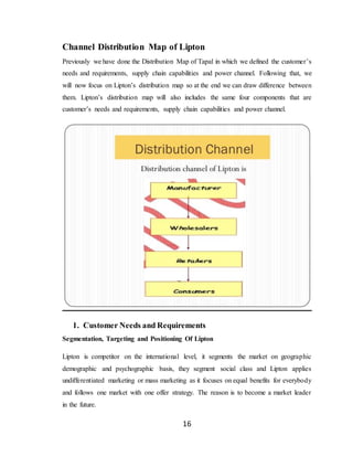 16
Channel Distribution Map of Lipton
Previously we have done the Distribution Map of Tapal in which we defined the customer’s
needs and requirements, supply chain capabilities and power channel. Following that, we
will now focus on Lipton’s distribution map so at the end we can draw difference between
them. Lipton’s distribution map will also includes the same four components that are
customer’s needs and requirements, supply chain capabilities and power channel.
1. Customer Needs and Requirements
Segmentation, Targeting and Positioning Of Lipton
Lipton is competitor on the international level, it segments the market on geographic
demographic and psychographic basis, they segment social class and Lipton applies
undifferentiated marketing or mass marketing as it focuses on equal benefits for everybody
and follows one market with one offer strategy. The reason is to become a market leader
in the future.
 