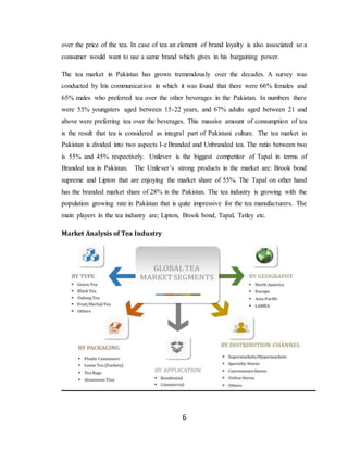 6
over the price of the tea. In case of tea an element of brand loyalty is also associated so a
consumer would want to use a same brand which gives in his bargaining power.
The tea market in Pakistan has grown tremendously over the decades. A survey was
conducted by Iris communication in which it was found that there were 66% females and
65% males who preferred tea over the other beverages in the Pakistan. In numbers there
were 53% youngsters aged between 15-22 years, and 67% adults aged between 21 and
above were preferring tea over the beverages. This massive amount of consumption of tea
is the result that tea is considered as integral part of Pakistani culture. The tea market in
Pakistan is divided into two aspects I-e Branded and Unbranded tea. The ratio between two
is 55% and 45% respectively. Unilever is the biggest competitor of Tapal in terms of
Branded tea in Pakistan. The Unilever’s strong products in the market are: Brook bond
supreme and Lipton that are enjoying the market share of 55%. The Tapal on other hand
has the branded market share of 28% in the Pakistan. The tea industry is growing with the
population growing rate in Pakistan that is quite impressive for the tea manufacturers. The
main players in the tea industry are; Lipton, Brook bond, Tapal, Tetley etc.
Market Analysis of Tea Industry
 