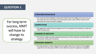 QUESTION 1
CONSUMER BEHAVIOUR

For long term
success, MMT
will have to
change its
strategy

• The study by PhoCusWright in November 2003 found that flight and rental cars are
the travel services most likely to be purchased online, while offline channels still
dominate the travel activities category

COMPETITION
• The aggressive advertising campaigns from the competitor like Expedia can take the
MMT market share

CHANGES IN INDUSTRY
• The airlines might provide substantial discounts on their websites and take MMT out
of business if they don’t diversify

EMERGING MARKETS
• The high growth in India outbound travel might make this as big if not the biggest
segment in next few years. MMT cannot afford to leave this segment untargeted

 